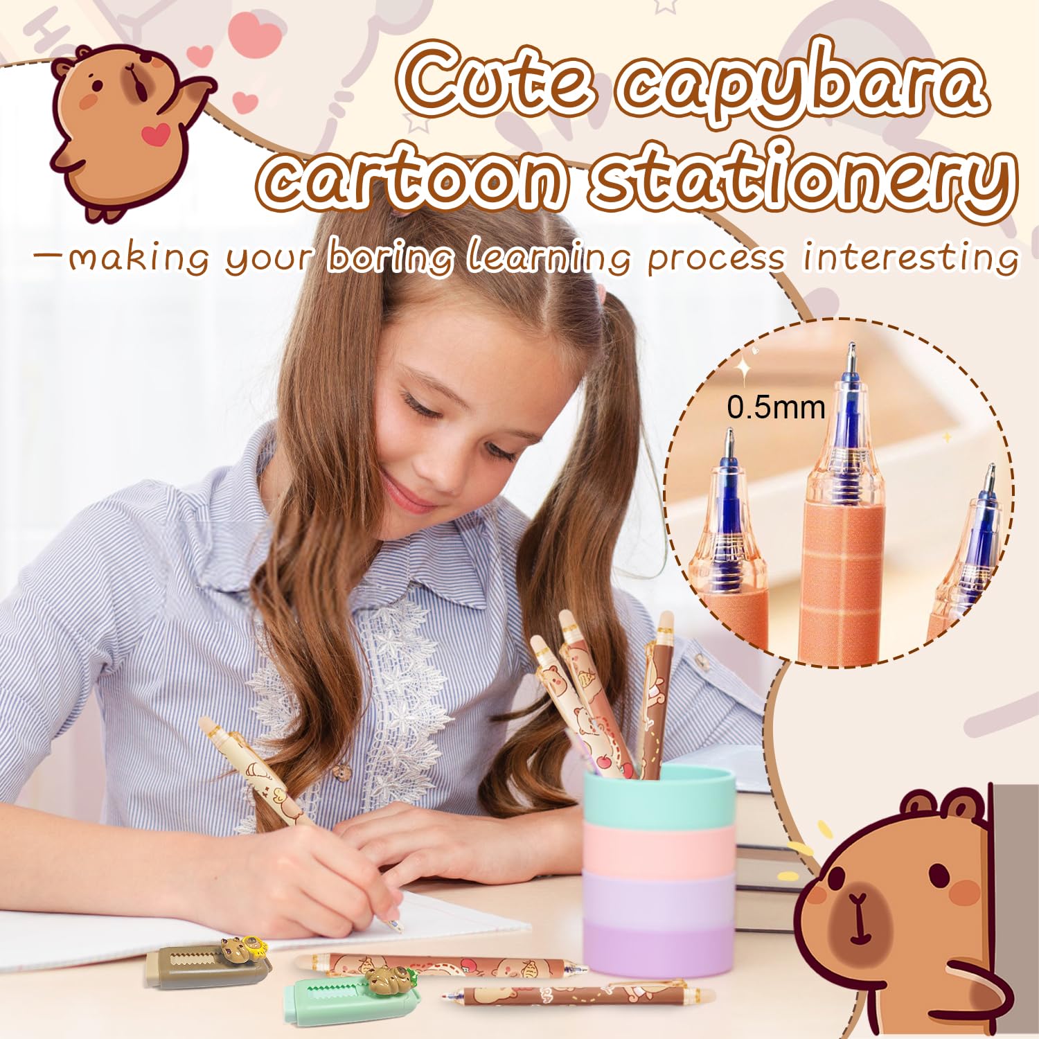 4 Gomas de Borrar Rretráctil Capibara 6 Boligrafos Borrable Azul Bolis Borrables Goma de Borrable Capybara Papeleria Set para estudiantes y adultos para la Escuela y Oficina(0,5 mm)
