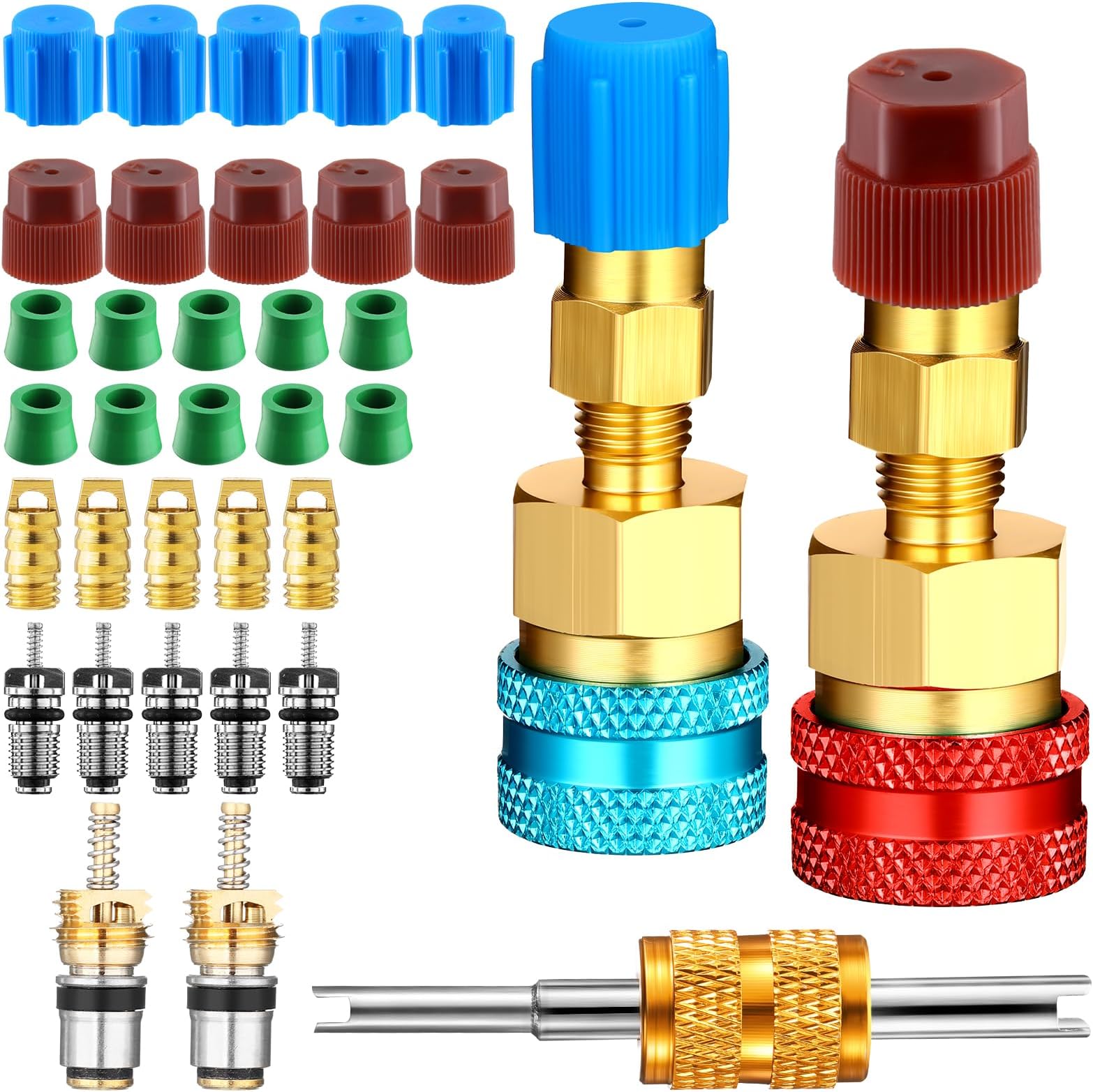 Tandefio R1234yf Adapter R1234yf to R134a Quick Coupler High Low Side Ac Fitting Adapter with Valve Core Hose Seal Thimble Valve Core Remover for Car AC Air Conditioner Refrigerant System (Straight)