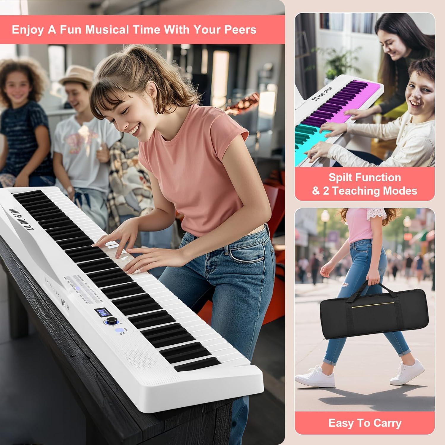 Girl playing keyboard, showing split function and teaching modes