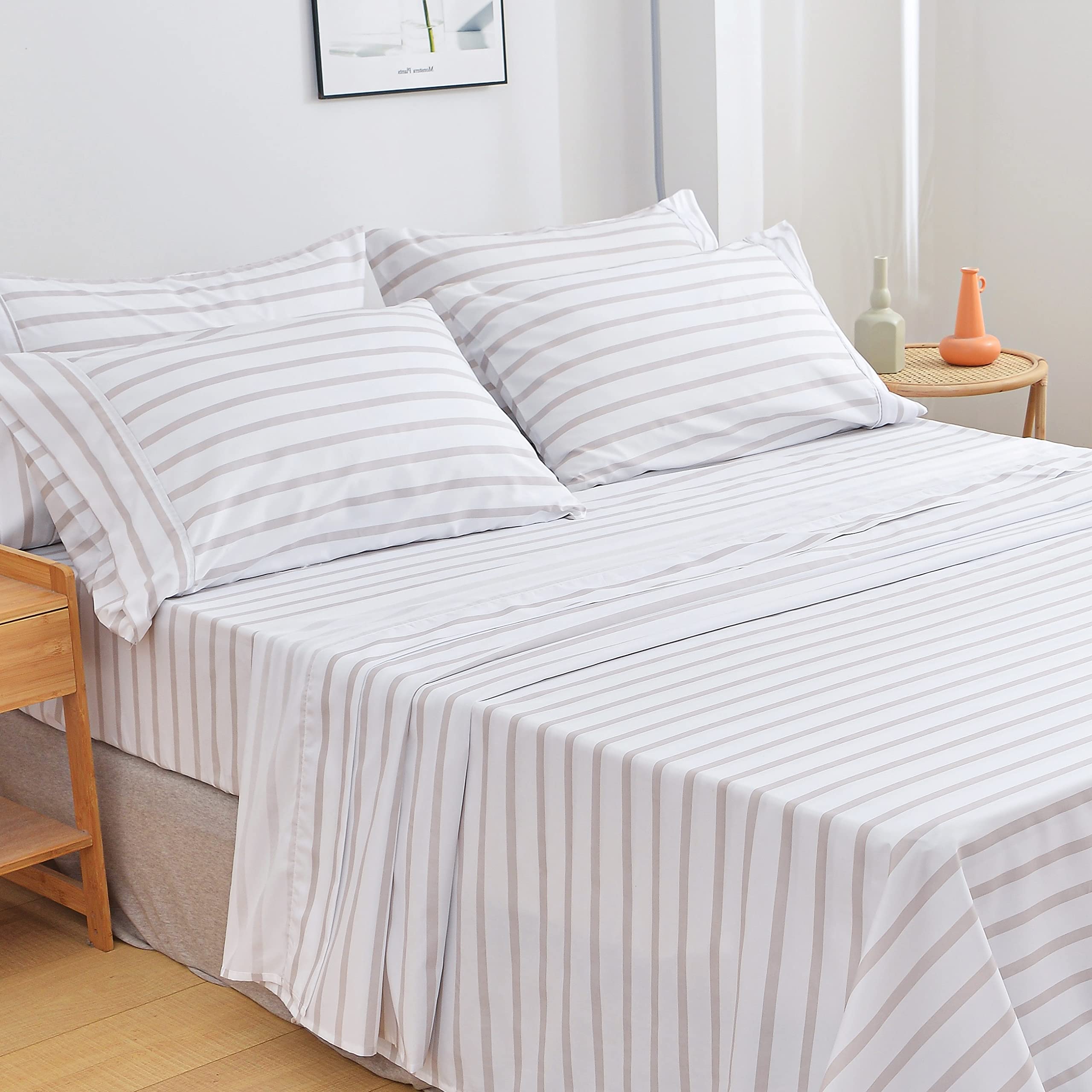 American Home Collection Ultra-Soft Microfiber Sheet Set - Double Brushed - Wrinkle and Stain Resistance - Fit 14 inches Deep Pocket - 6 Pieces Set (Full, Grey Stripe)