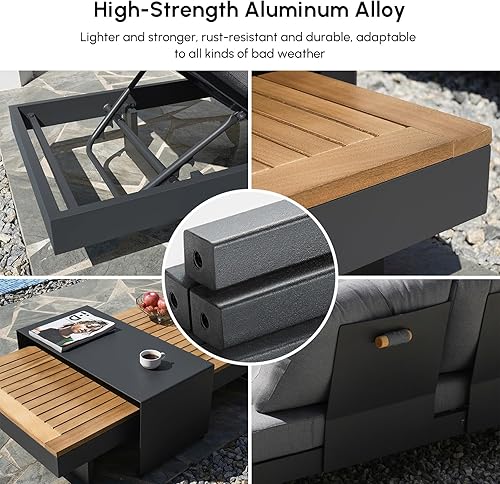 Miniatura 4 de homary Juego de 6 sofás seccionales de aluminio y teca para patio al aire libre, muebles de exterior con respaldos ajustables, impermeables, cojines