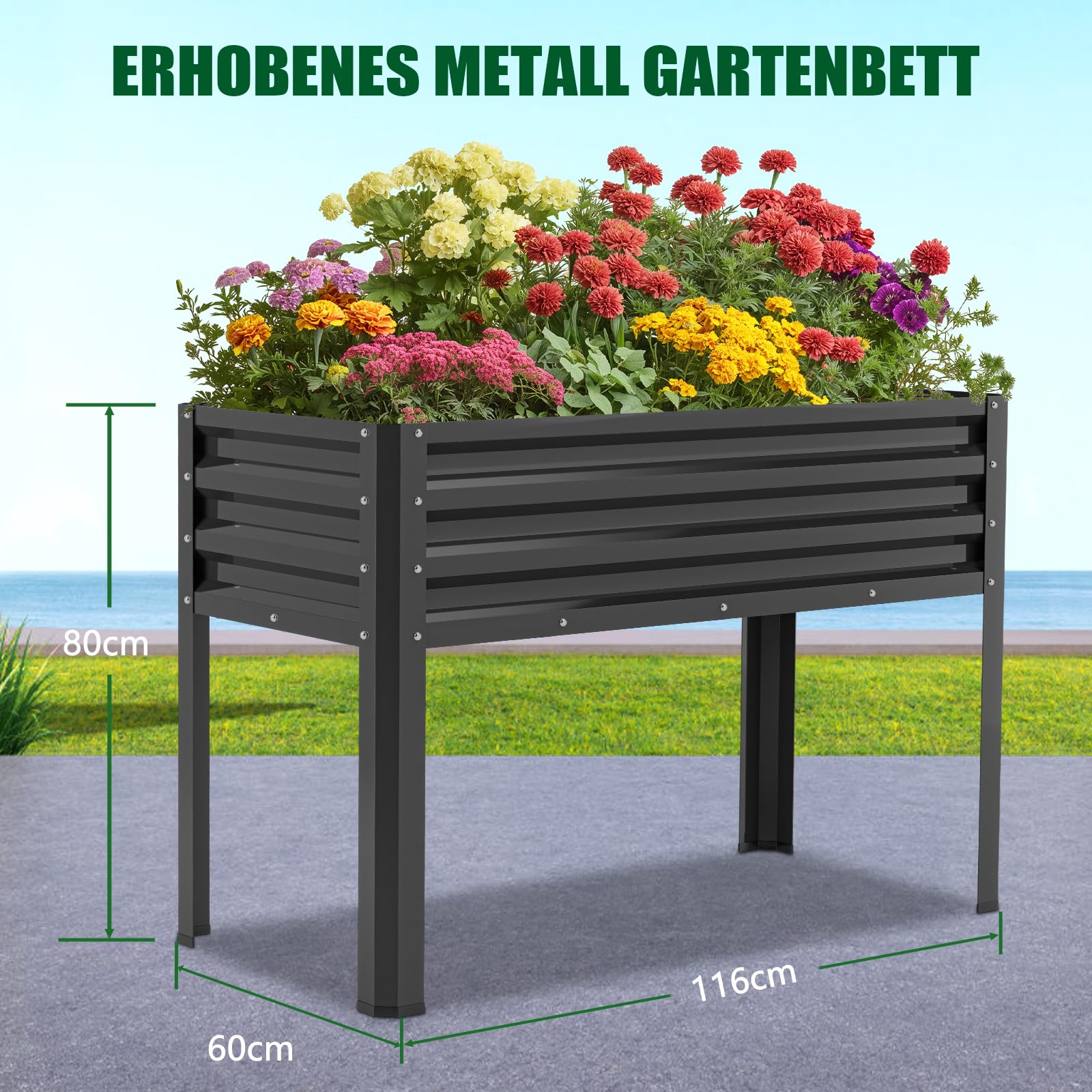 SUNYRISY Hochbeet Metall Blumenkasten für Balkon und Garten 116x60x80cm