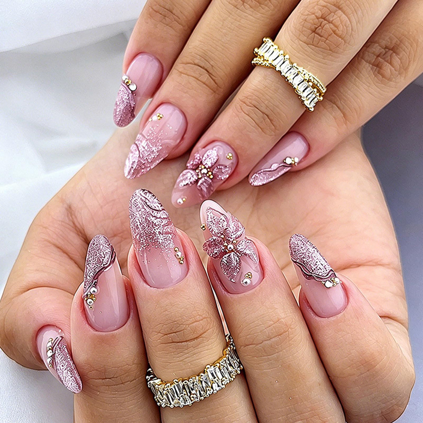 fexxkg 3D Flower Press-On Tips Pink Gradient Almond False Tip Set for Home Manicure, Party Wear, Wedding Guest Looks, and Daily