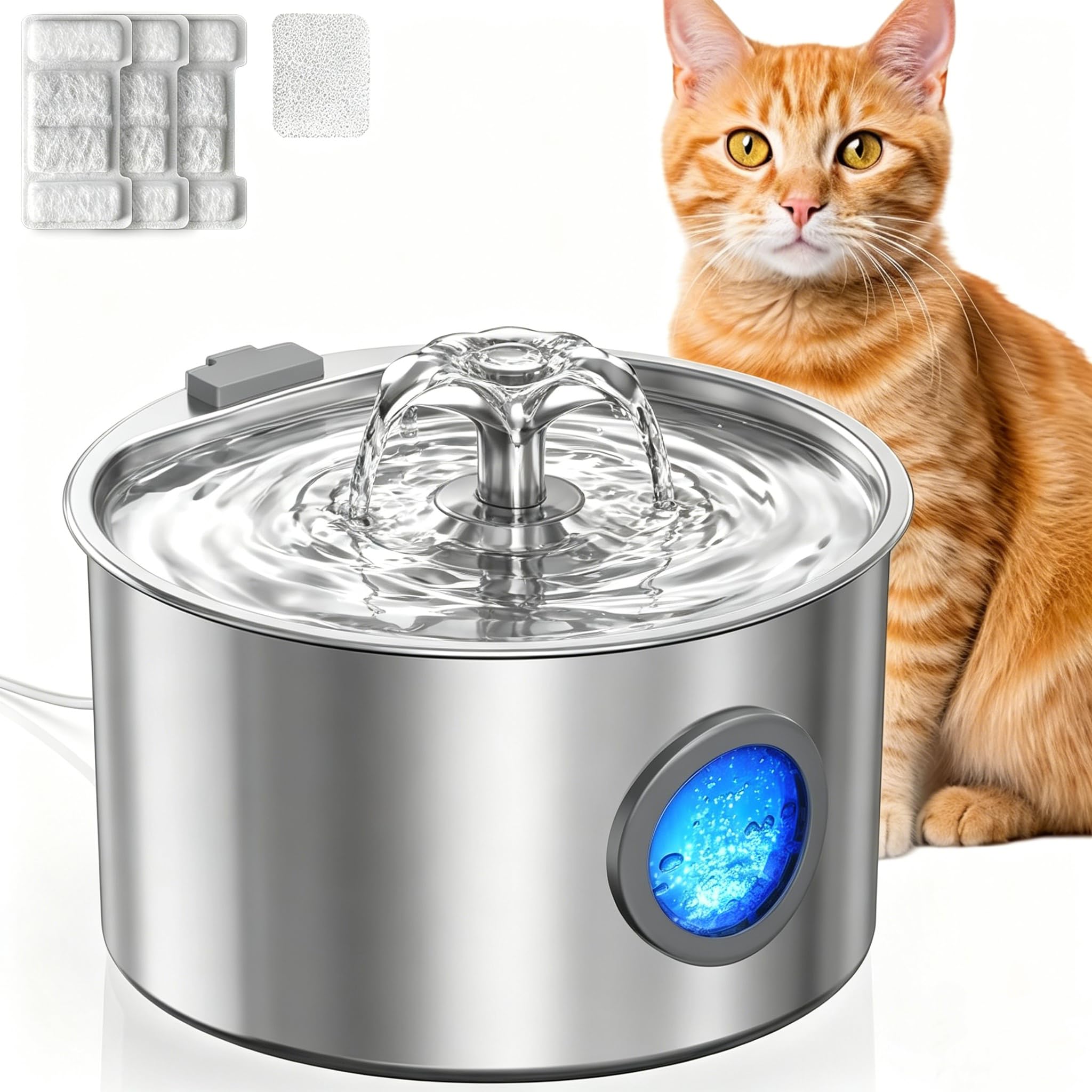 Cat Water Fountain for Drinking, 3.2L Automatic Stainless Steel Cat/Dog Water Fountain with 3 Filters and 1 Sponge, Silent Pet Water Dispenser for Cats/Dogs, Visible Water Fountain Cat Bowl Indoor