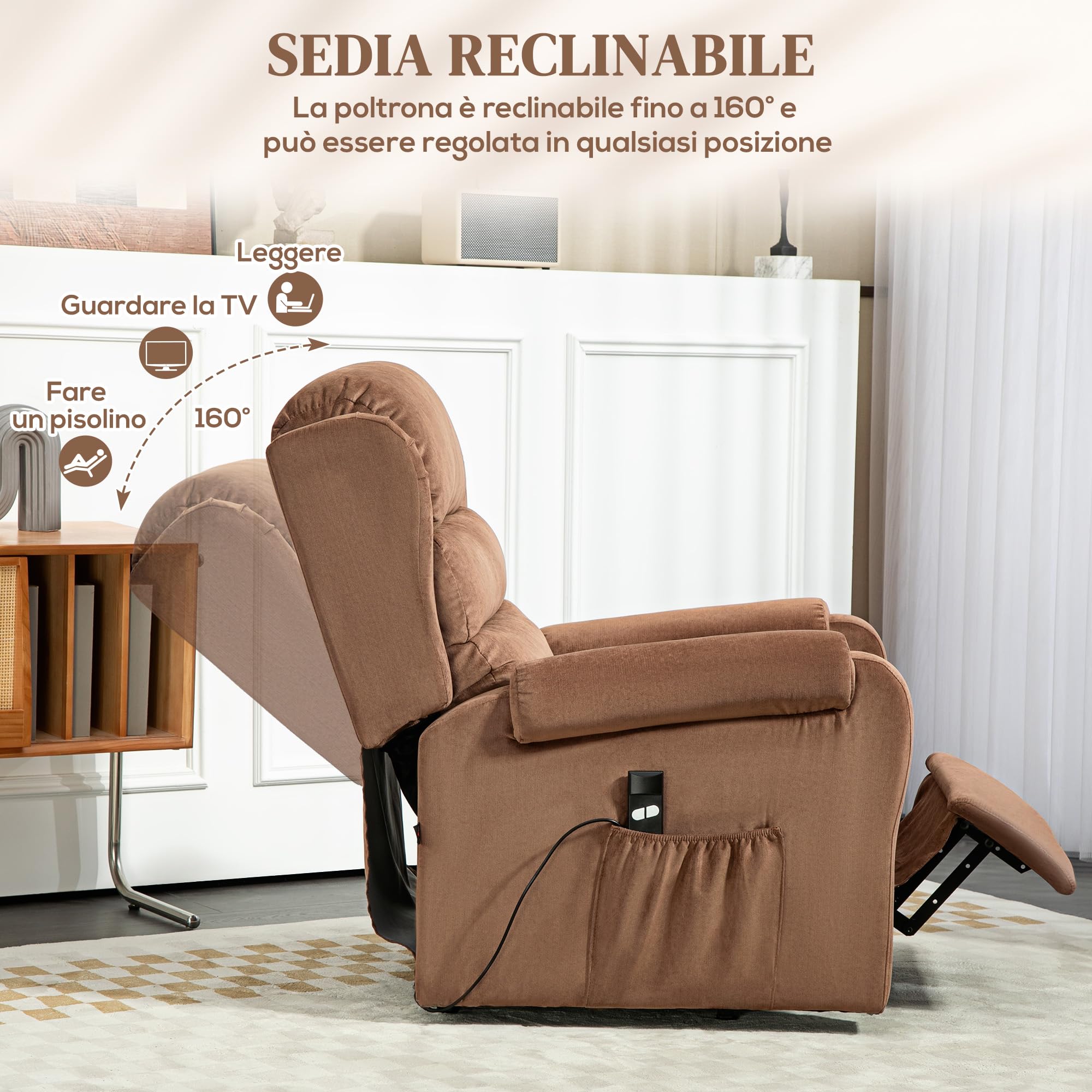 HOMCOM Poltrona Elettrica Alzapersona Reclinabile 160°, Poltrona Relax Elettrica in Velluto con Telecomando, Poggiapiedi e Tasche Laterali, Marrone Scuro