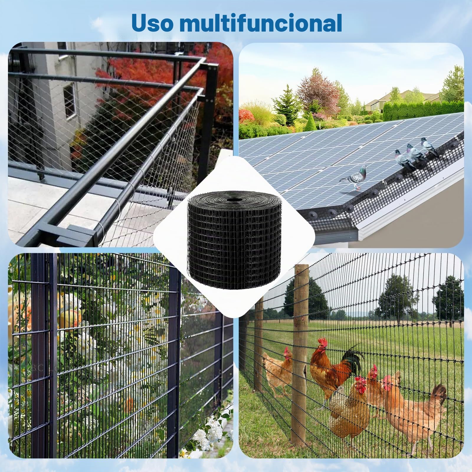 30M x 20CM Protección Antipájaros para Paneles Solares con 60 Clips de Fijación, Malla de Acero Recubierta de PVC Negro 1,27 x 1,27 cm, Rejilla Metálica para Panel Solar, Gallinero y Cercados