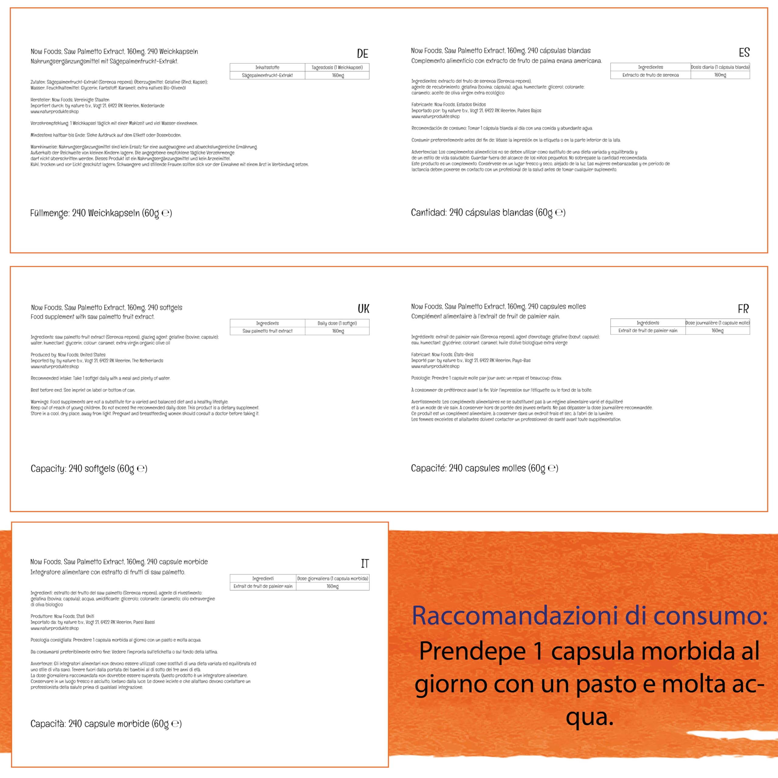 Now Foods Estratto di Saw Palmetto, 160mg, 240 Softgels, Testato in Laboratorio, Senza Soia, Senza Glutine, Non-GMO