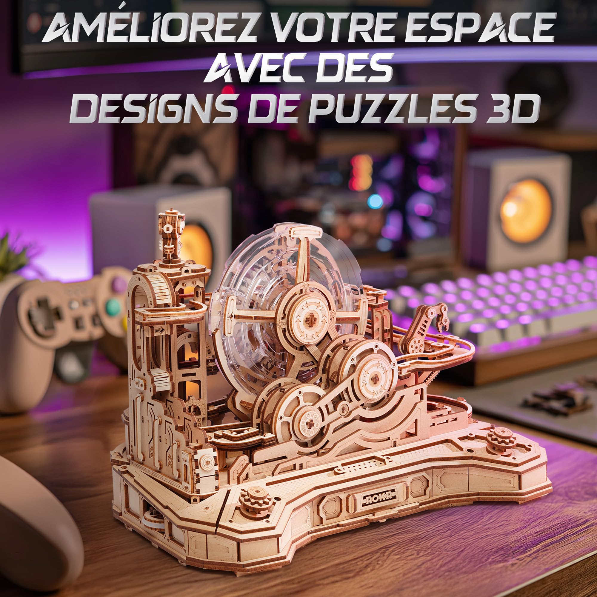 ROKR Puzzle 3D Bois Gear Ball Challenge Circuits de Billes Adulte,Maquette en Bois a Construire DIY Cadeaux pour Hommes et Enfants