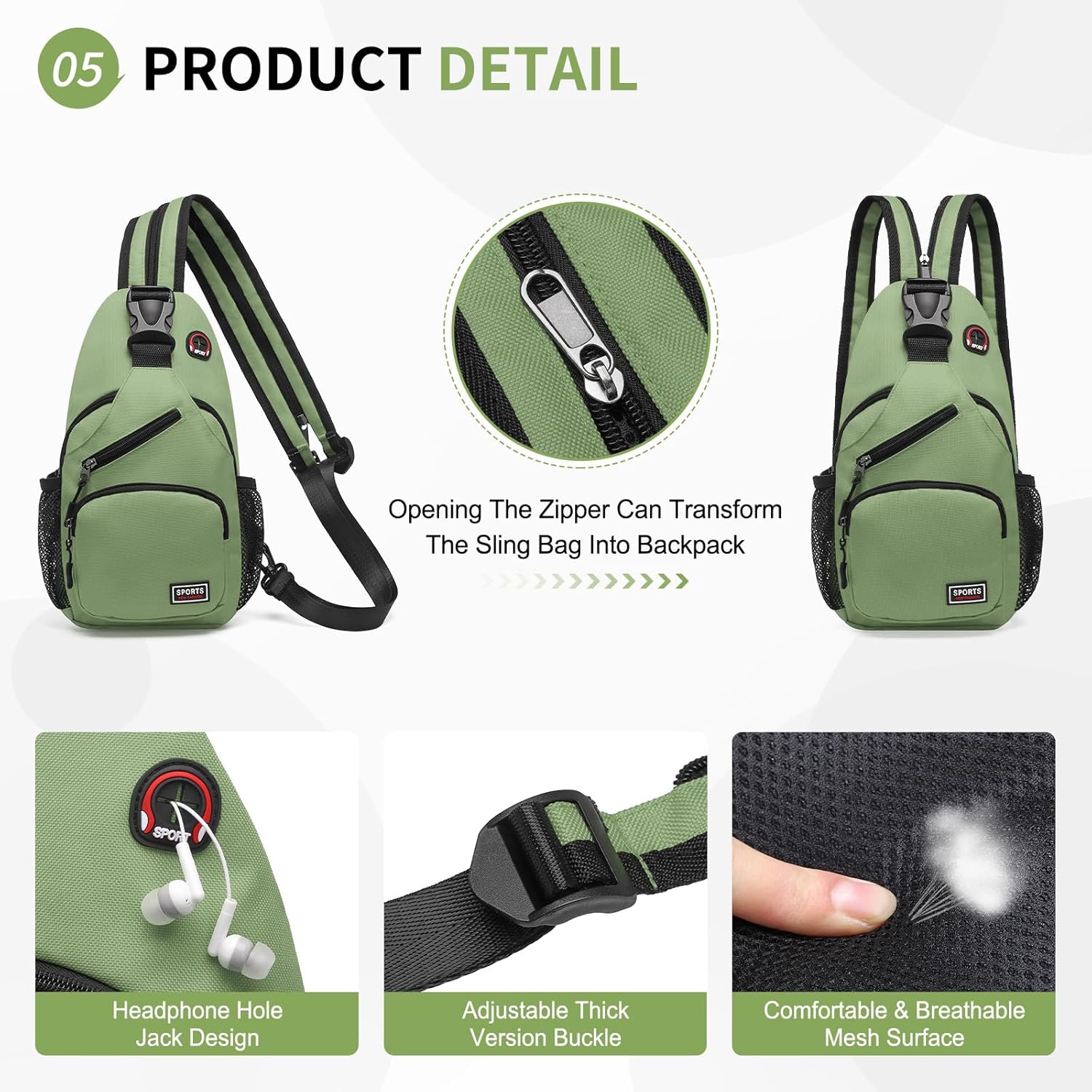 Convertible Sling Bag Crossbody Backpack, 7.9" Tablet Bags with Headphone Jack Shoulder Bag Casual Pack for Women Men Hiking Travel (Green) - Image 6