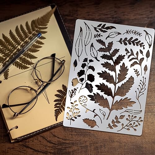 Miniatura 7 de BENECREAT Plantilla de acero inoxidable con hojas vintage, 5.5 x 7.5 pulgadas, plantas, naturaleza, hojas retro, plantilla de diario de metal para