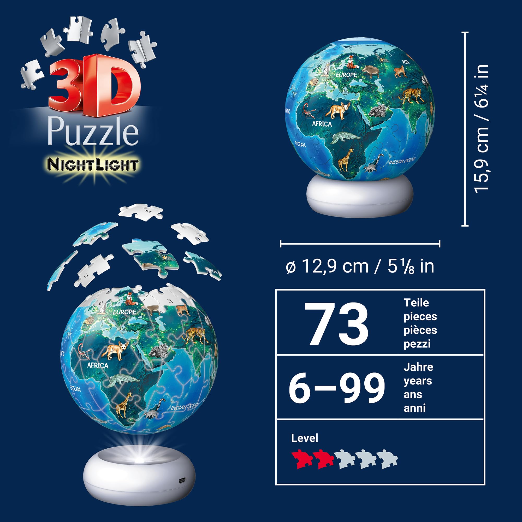 Ravensburger 3D Puzzle Erde mit Tiermotiven - 3D Puzzle Kinder ab 6 Jahren - Puzzle-Ball mit LED Nachtlicht als Nachttischlampe für Kinder - Kinderglobus Geschenke für Mädchen und Jungen - 12008055