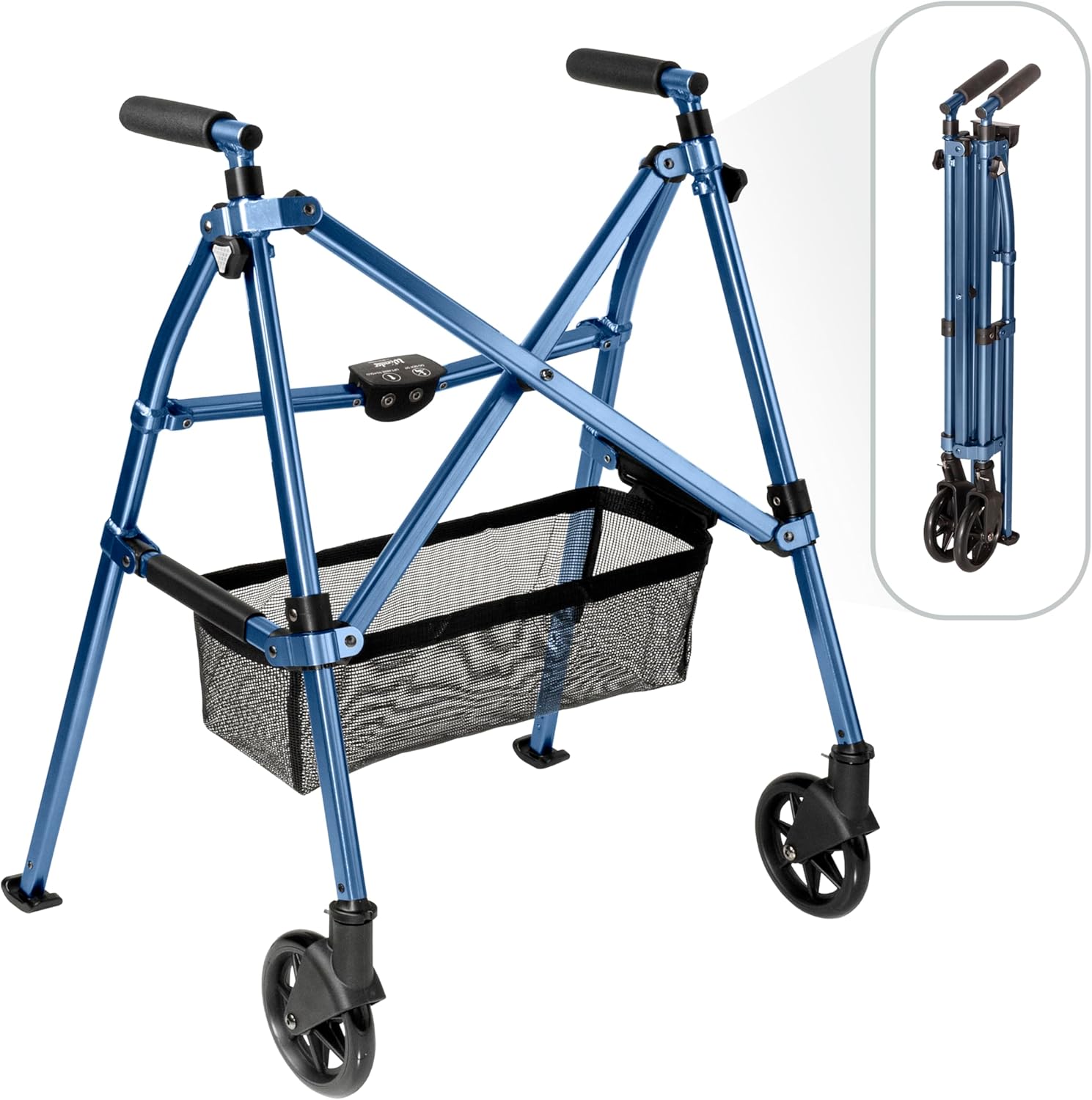 Stander Wonder Walker Plus, Lightweight Folding Mobility Aid for Adults, Seniors, and Elderly, Collapsible Travel EZ Fold-N-Go with Wheels, Glides, & Basket, Matte Black