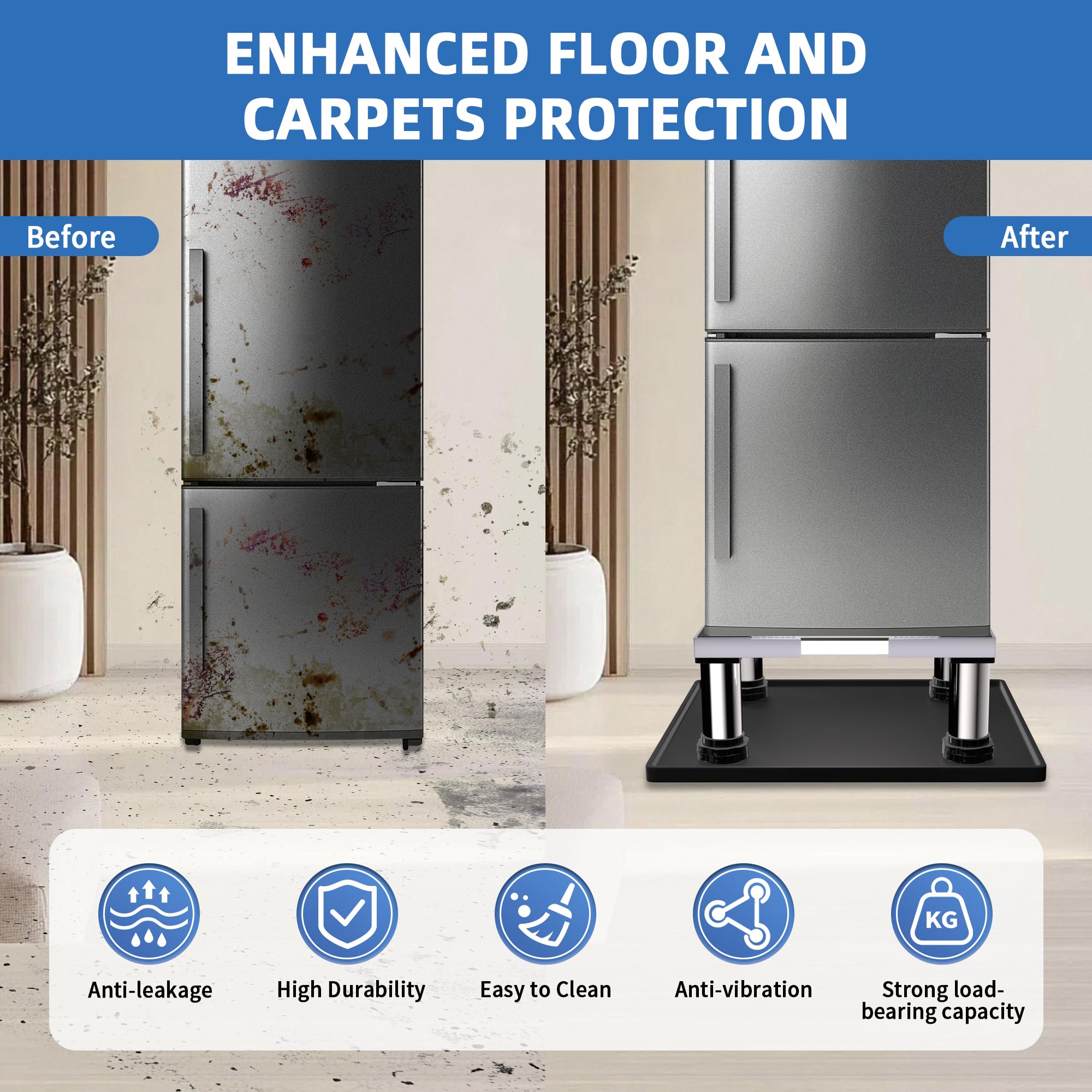 Mini soporte para refrigerador con alfombrilla de silicona, soporte ajustable para refrigerador con 4 pies de acero inoxidable, soporte de refrigerador de 24 x 24 pulgadas, protege de fugas de 2
