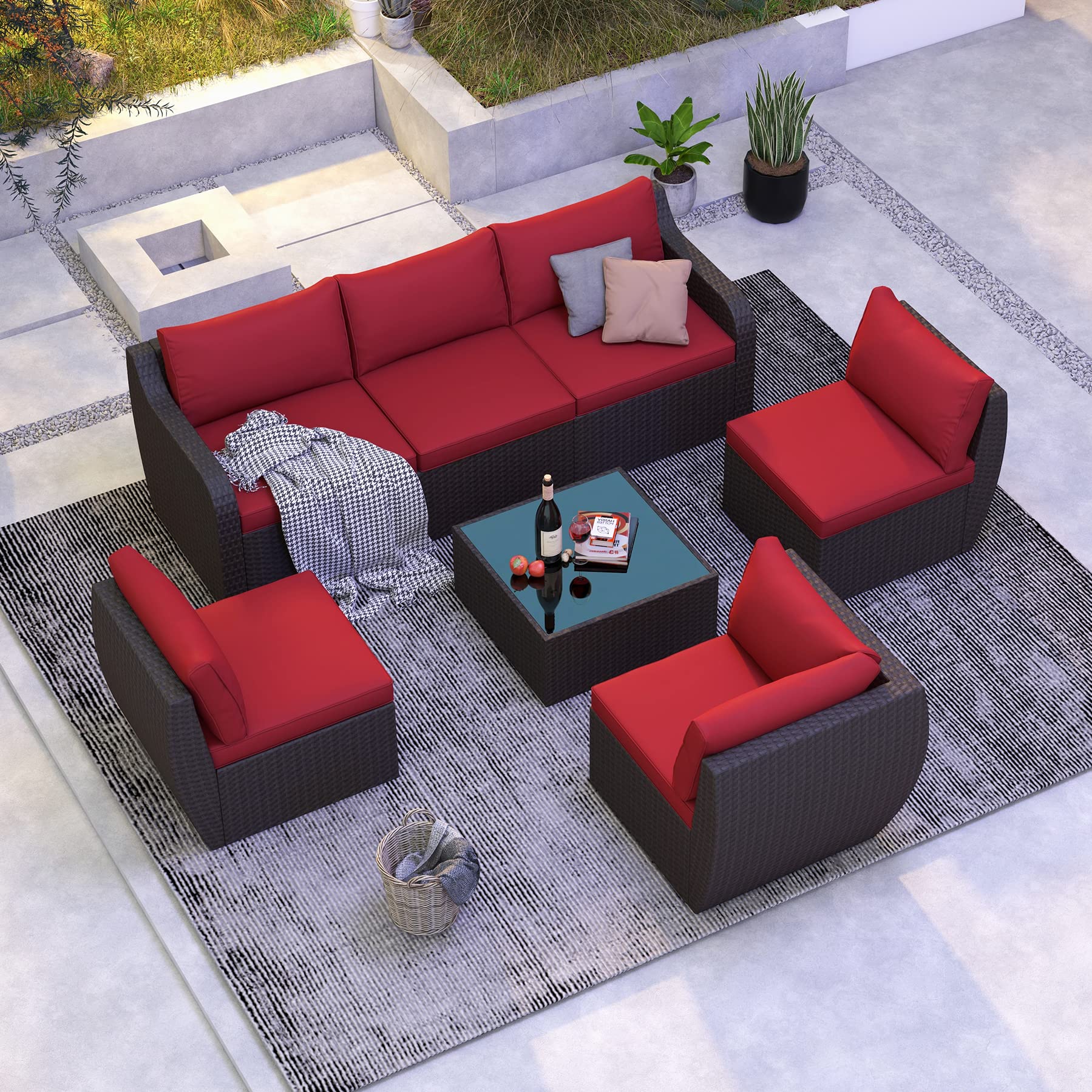 7 Piece Patio Furniture Set, All-Weather Rattan Wicker Outdoor Furniture Set with Ergonomic Curved Armrest & Tempered Glass Top Table Suitable for Back Yard, Pool Side,Garden (Burgundy Red)