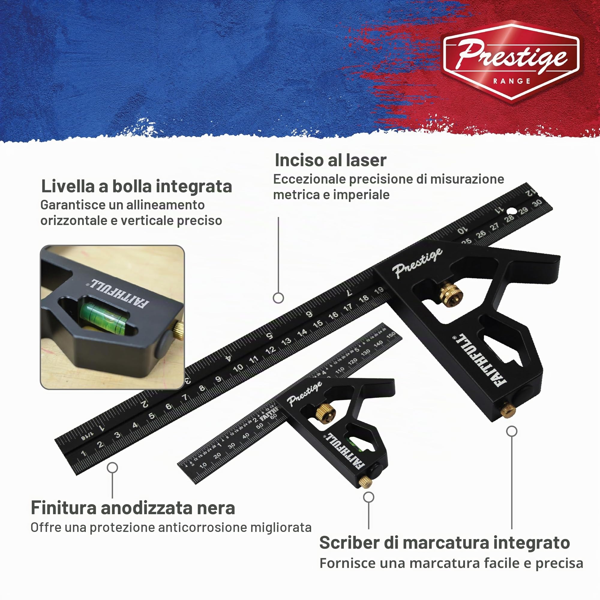 Squadra combinata Faithfull Prestige, confezione doppia, in alluminio nero, 150mm (6 pollici) e 300mm (12 pollici) – Strumenti di misurazione e tracciamento con livella a bolla e traccia di marcatura