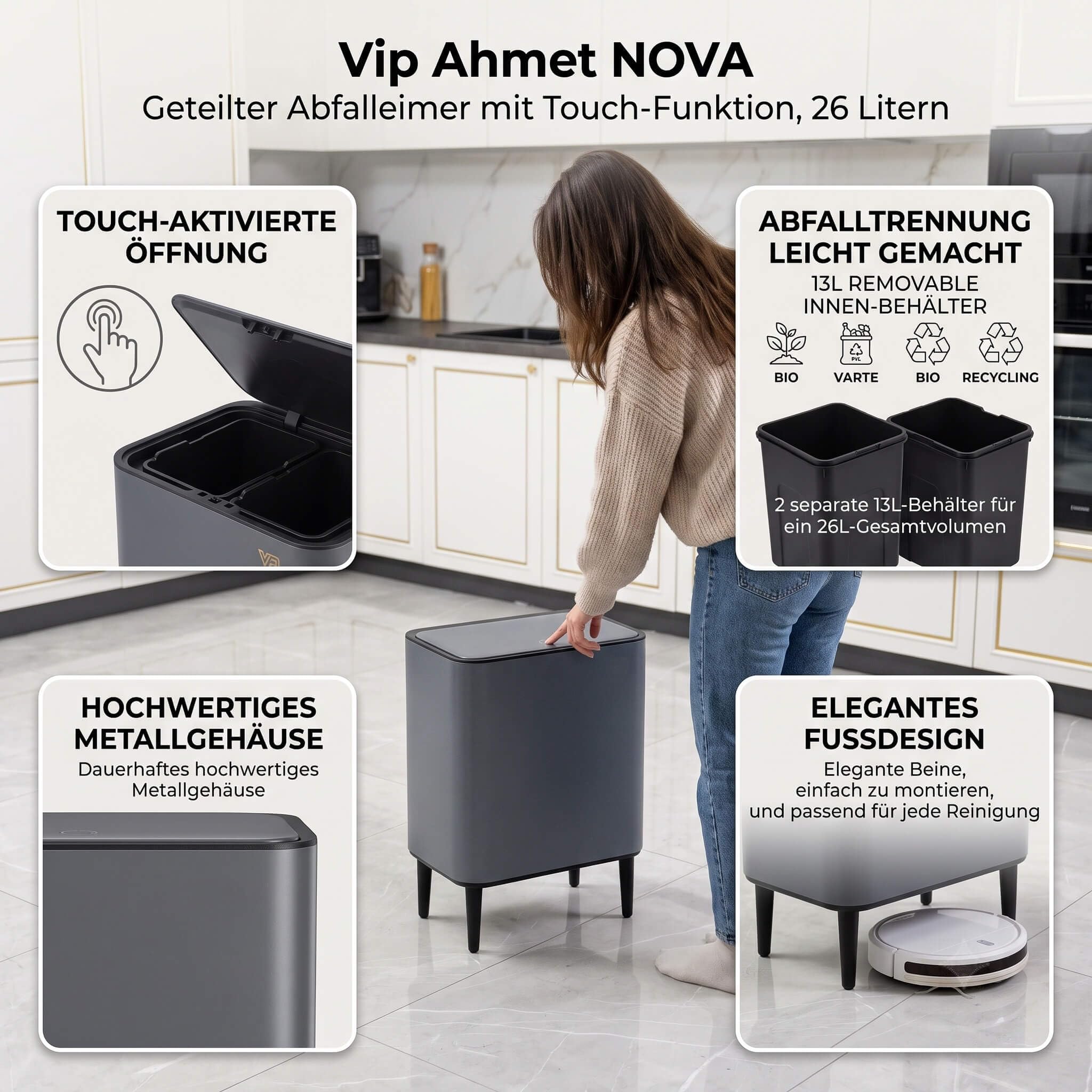 Vip Ahmet Nova Mülleimer Küche 2 Fächer. Touch-Abfalleimer mit Deckel. Küchenabfalleimer für Abfall & Recycling. Doppel Mülleimer (Matt Grau. 26L)