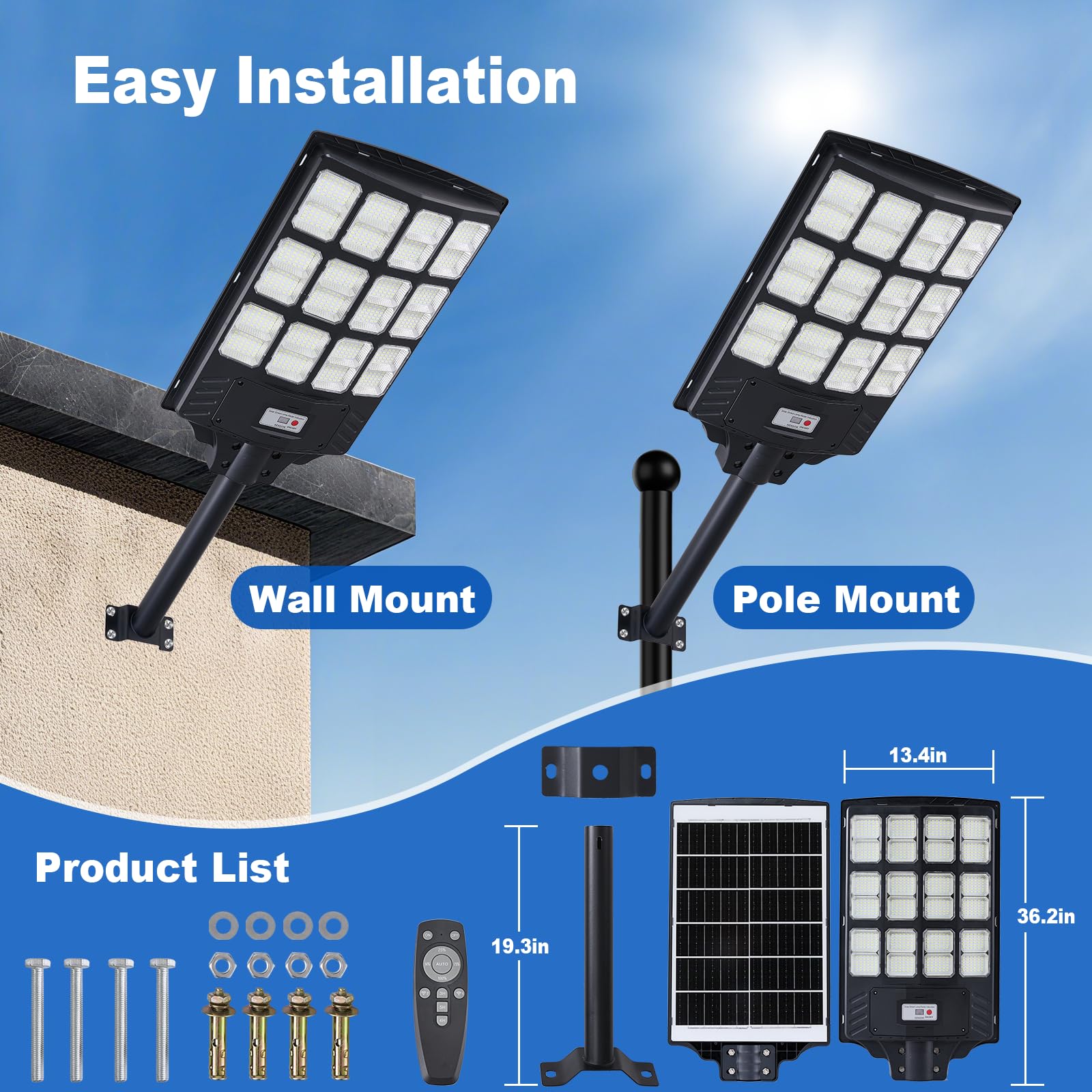 YACAISI Zewnętrzna lampa solarna 4000 W, 8500 K, wodoodporna lampa LED od zmierzchu do świtu, na ulicę, podwórko, podwórze, drogę