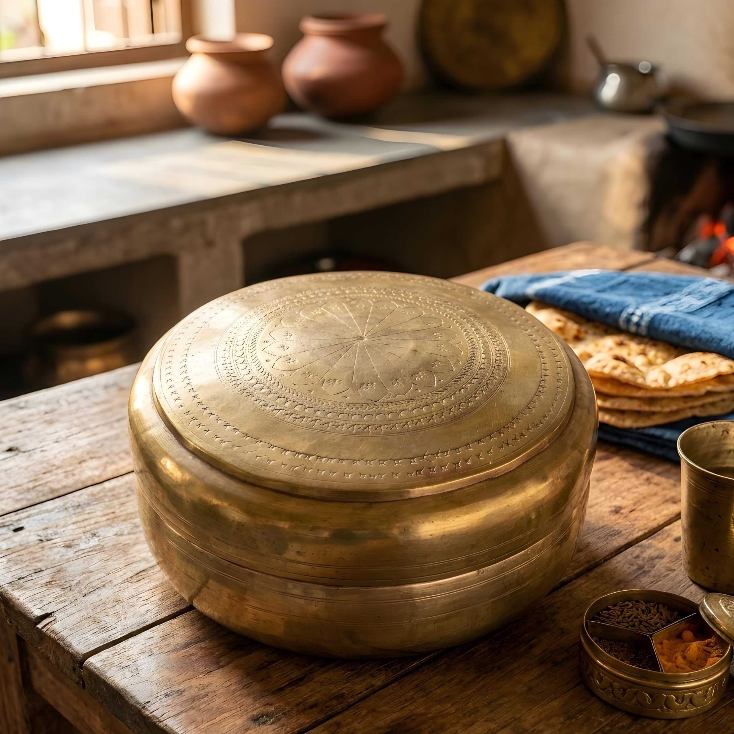 Vintage Pure Brass (Pital) Roti Dabba | Beautifully Engraved Peetal Chapati Storage Box | Antique Traditional Kitchen Storage Container | Decorative Collectible | Golden - 7 x 4 Inch-image-37