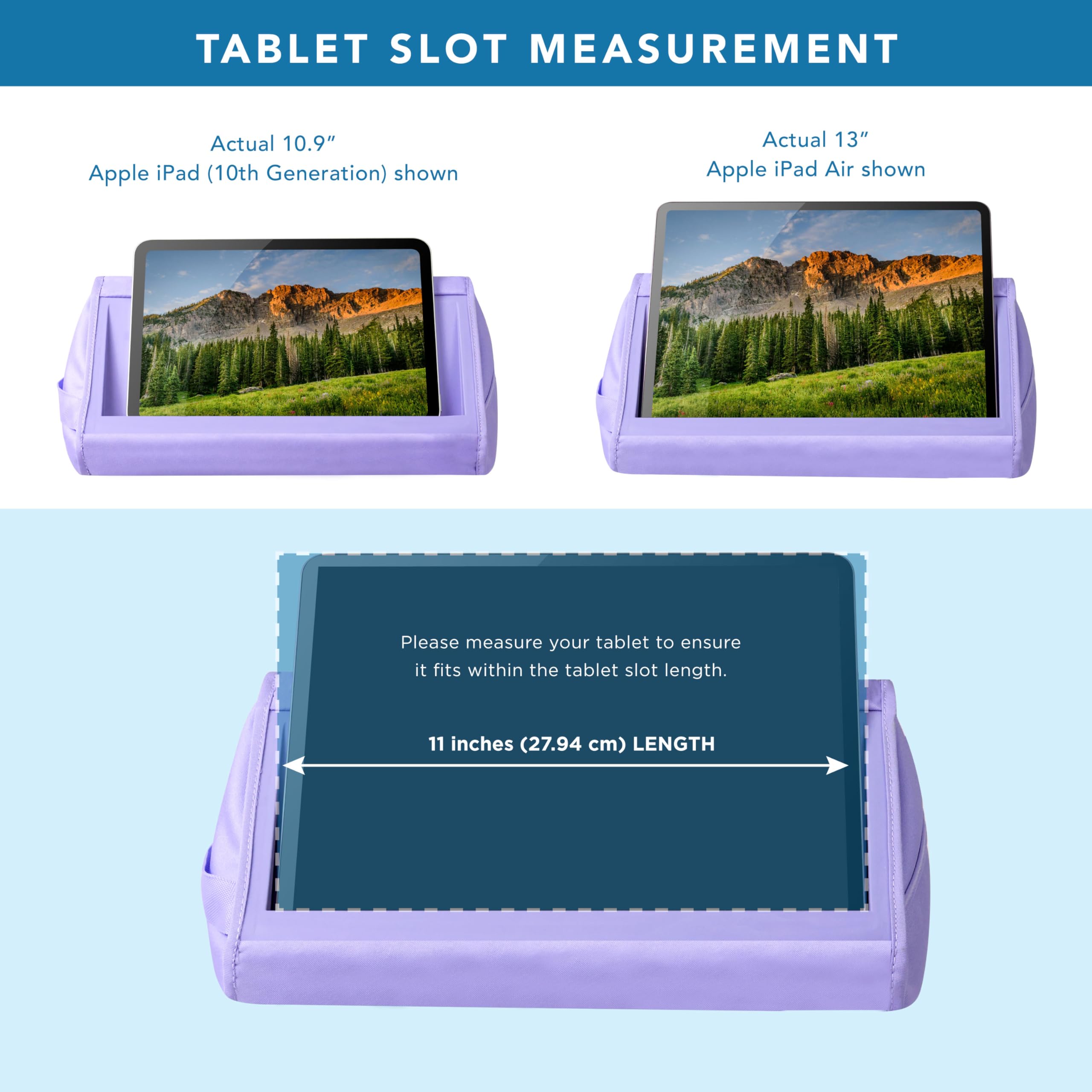 LapGear Supporto per tablet – Slot per iPad, Galaxy Tabs, Kindle, e-reader e telefoni | Supporto imbottito con tasca portaoggetti e maniglia | Viola ametista - Stile n. 33102