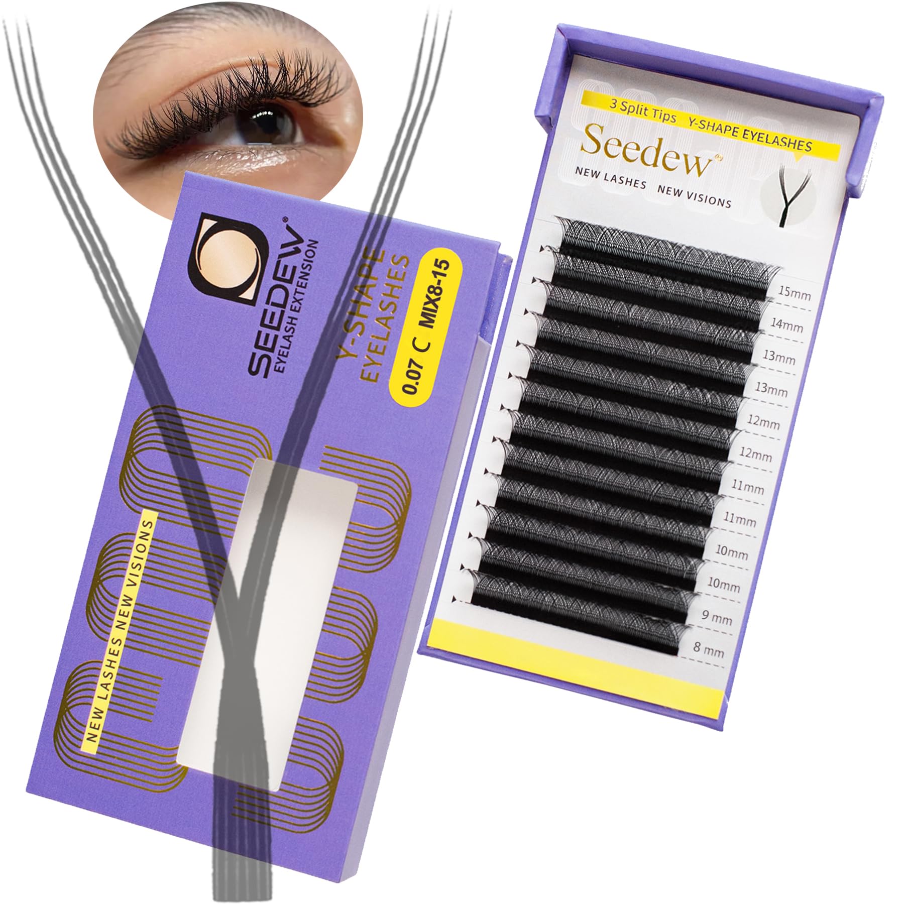 SEEDEW YY Lash Extensions, Triple Y 0.07mm C Curl MIX8-15mm 12 Rows/Tray, Y Shape 3 Split Tips