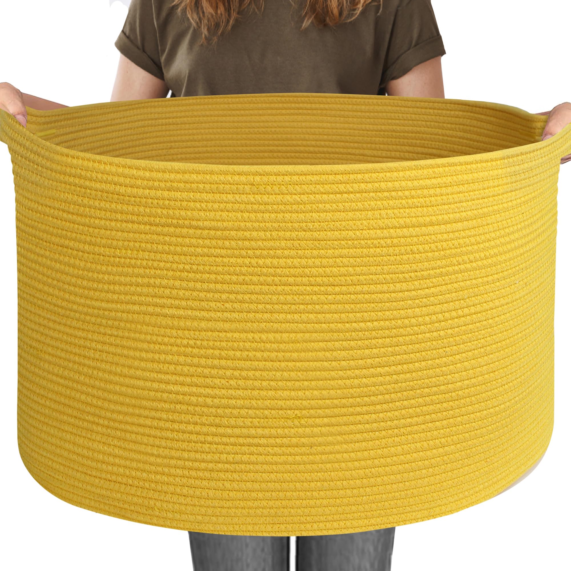 MEGASKET Extra Large 115L Yellow Basket, 23.6" x15.7 Cotton Rope Yellow Decor for Living Room Bedroom, Woven Basket for Blanket, Laundry, Towel, Shoe, Kids Toy Box Organizer, Room Decor Storage Bin