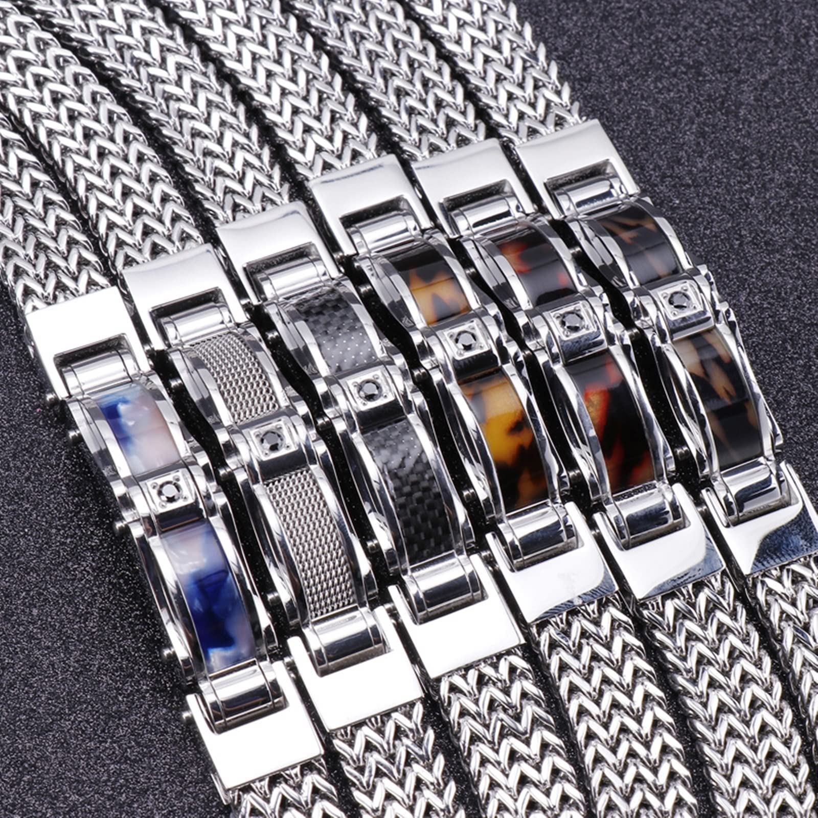 Bracelet Homme Argent Marron Foncé， Bracelet Cuir Homme Tissage de Quille Acier Inoxydable Bracelets Jonc