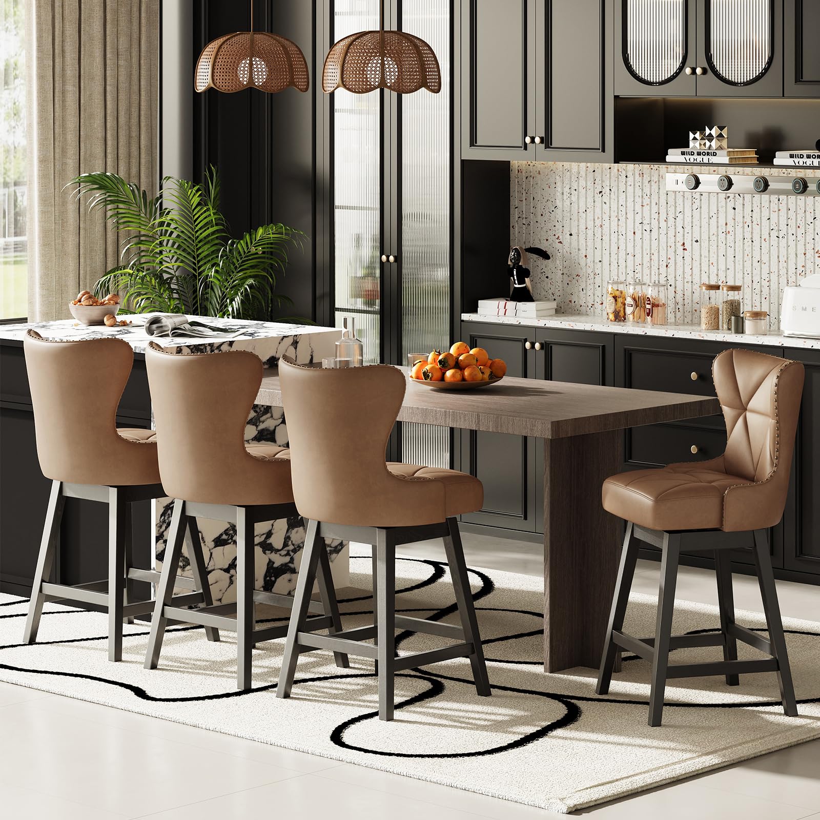 MALOL Swivel PU Leather Bar Stools Set of 4 with Backs, 39.76 Counter Height Bar Chairs, Modern Bar Height Stools for Kitchen Island， Mid Century