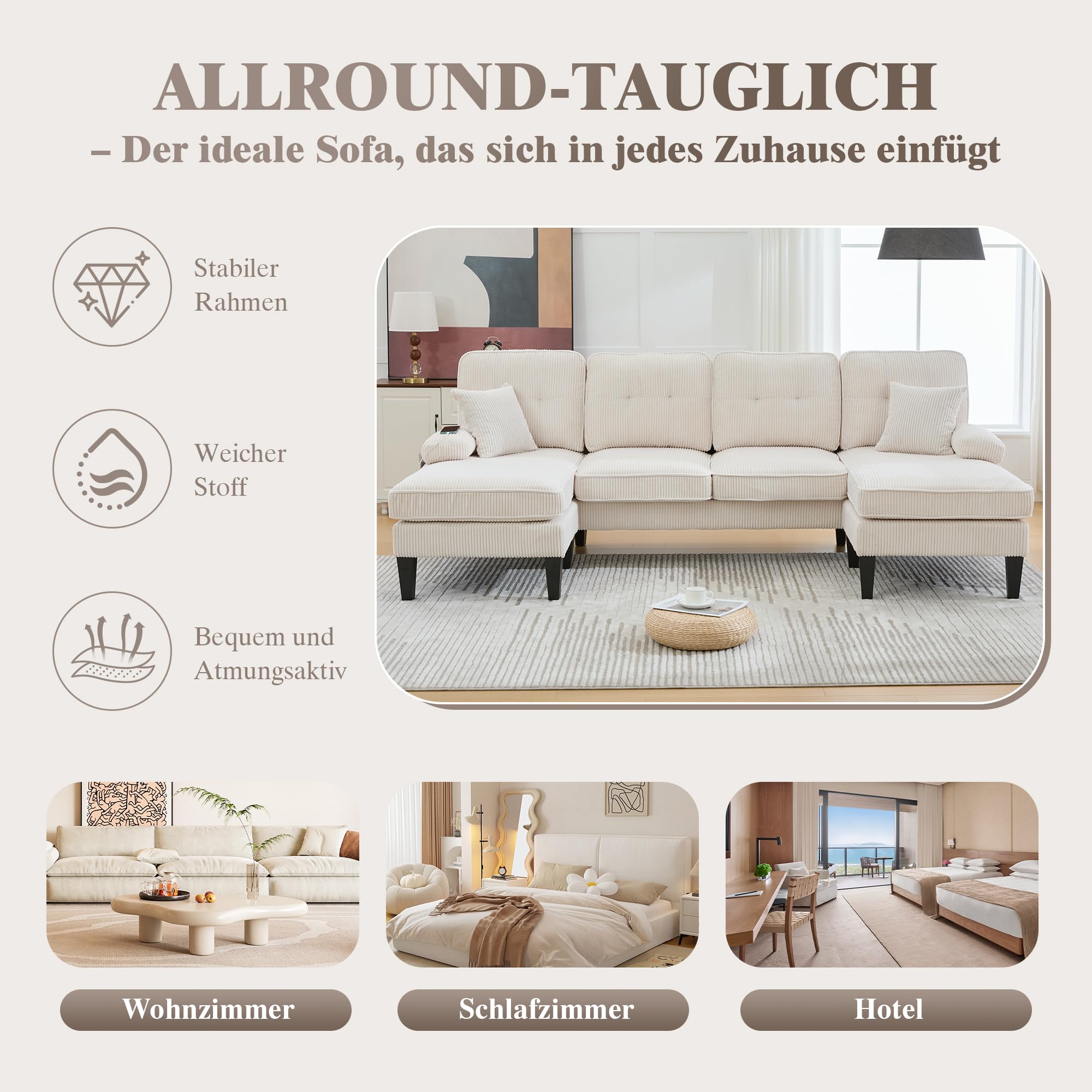Canapé d'angle Convertible, Canapé 4 Places avec Méridiennes, Porte-Gobelets, Poches Latérales, Ports USB et Type-C, Tissu en Coton Lin, Canape en U pour Salon, Appartement