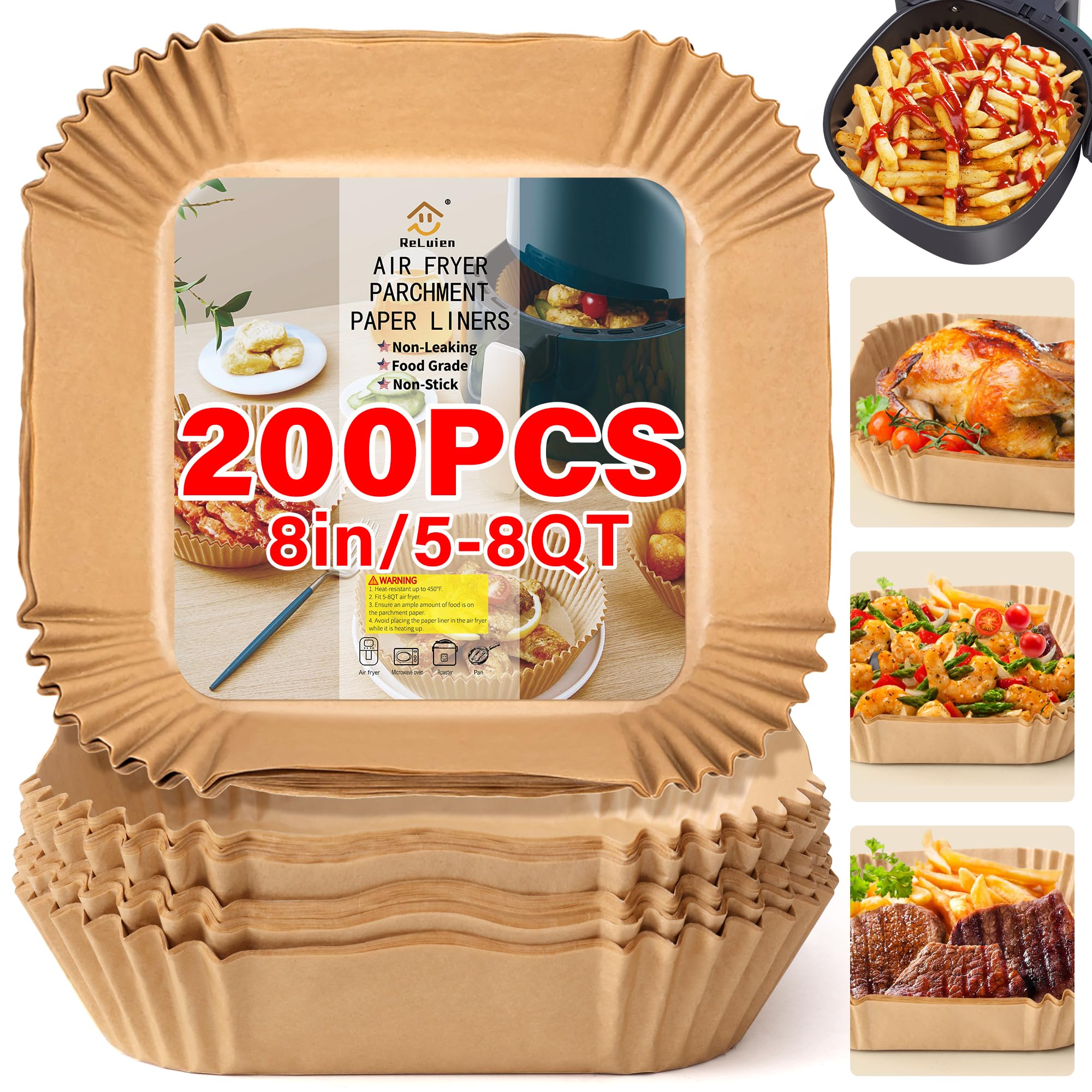 ReLuien 200pcs Air Fryer Liners Disposable, 8.7" Square Parchment Disposable Paper Liner for Air Fryer, Baking, Roasting and Microwave, Non-Stick liner Accessories