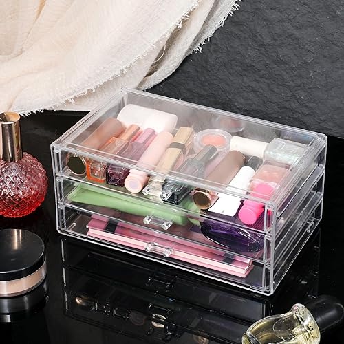 Miniatura 2 de Cajones acrílicos apilables, 9.3 x 5.3 x 4 pulgadas, organizador de maquillaje apilable de acrílico, 3 cajones, organizador de papelería