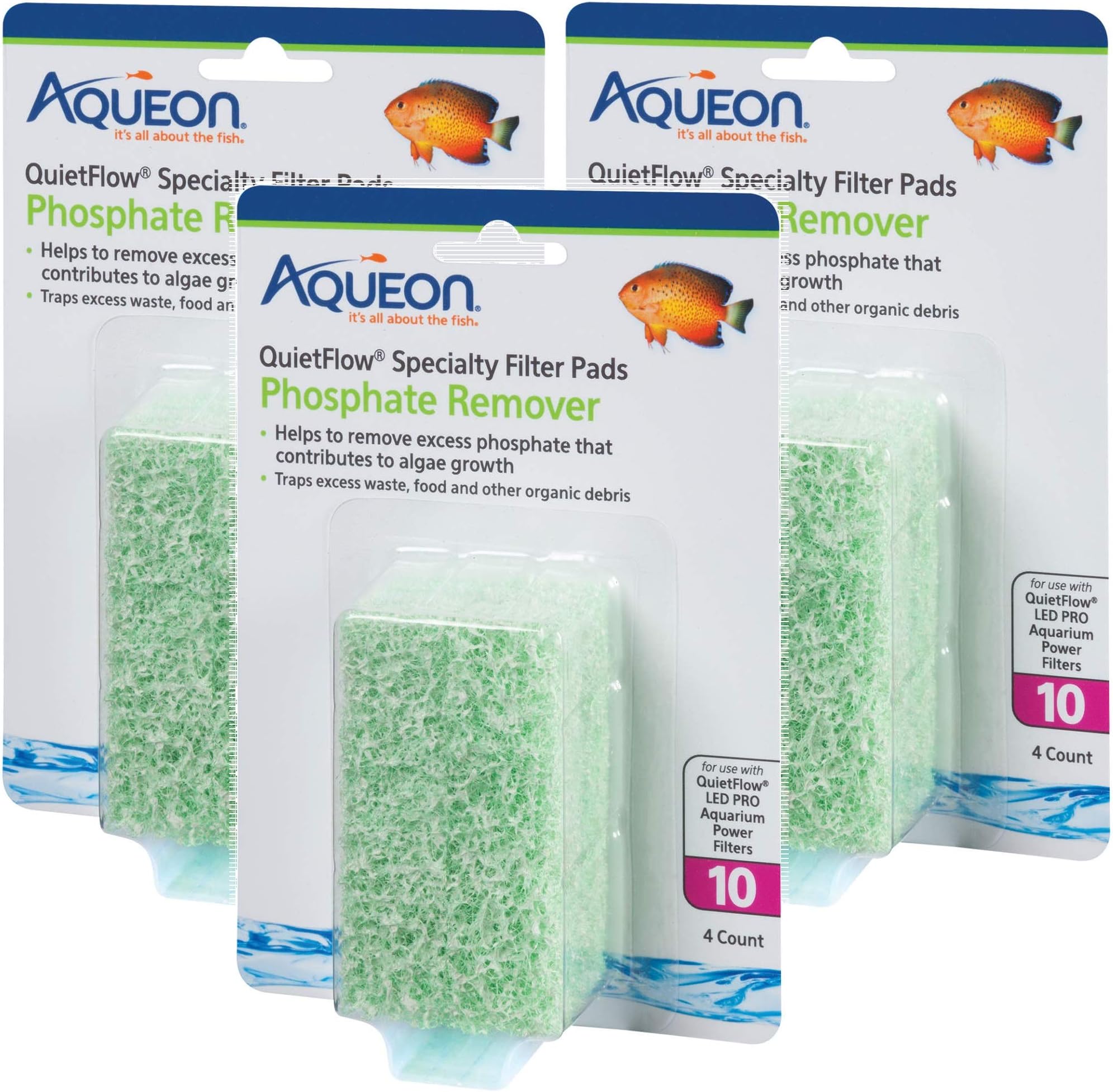 (3 Pack) Aqueon QuietFlow Phosphate Remover Specialty Filter Pads, Size 10, 4 Pads Per Pack