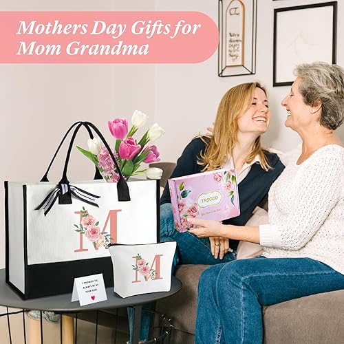 Miniatura 9 de Regalos personalizados para Navidad, regalos de cumpleaños iniciales florales para mujeres, bolsa de lona de monogramo con bolsa de maquillaje,