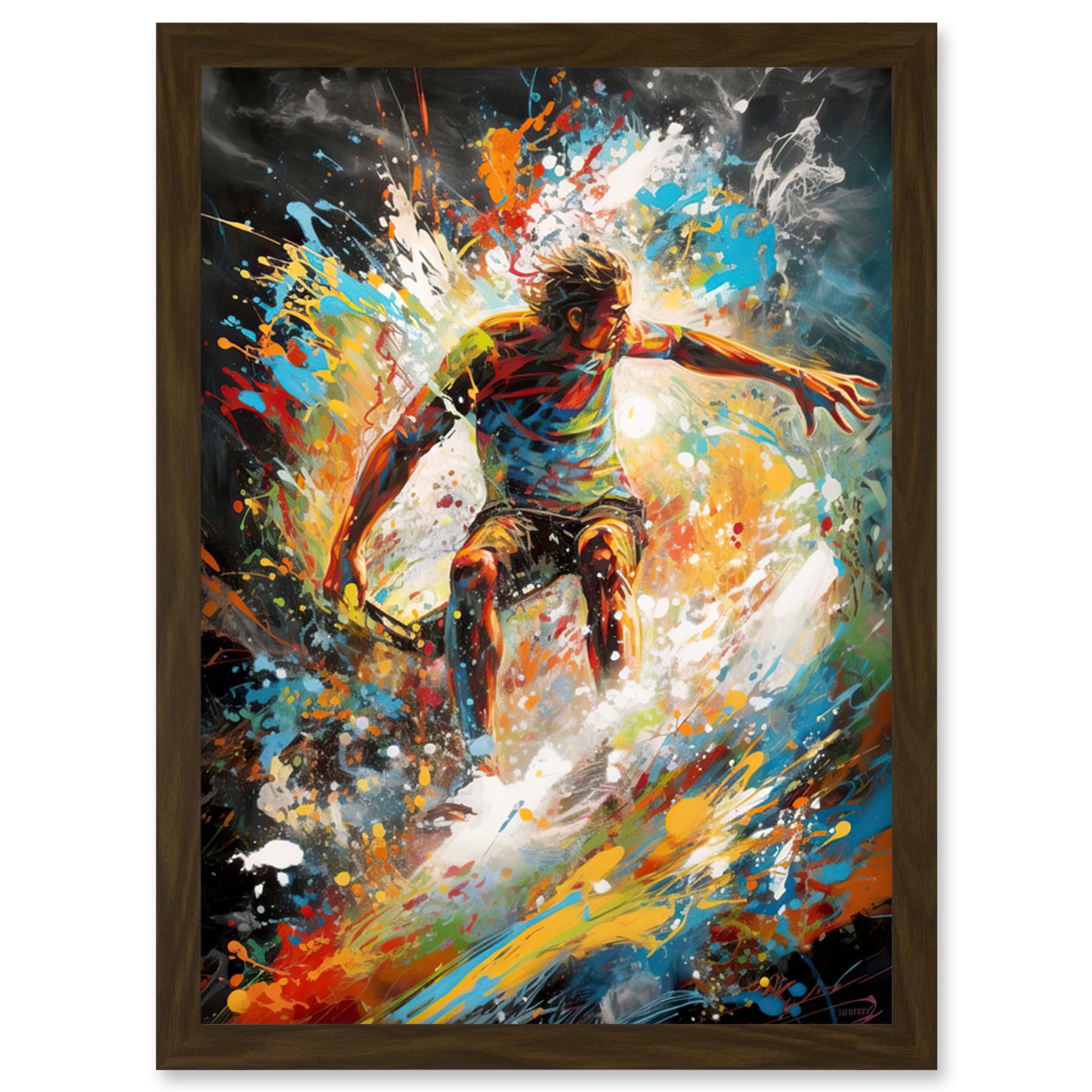 Artery8 Surfer Surfing on Crashing Waves Splatter Paint Artwork Framed Wall Art Print A4