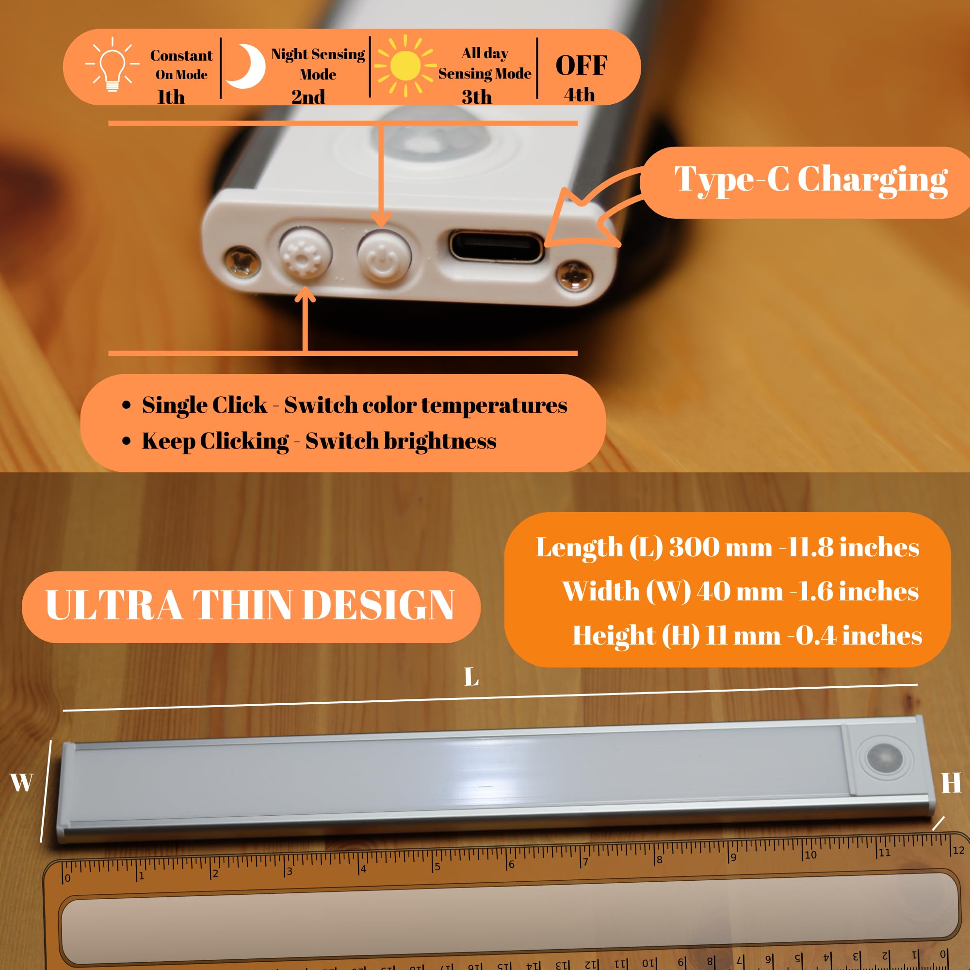 Tweegy Under Cabinet Lights, 54 LED Rechargeable Battery Operated Motion Sensor Light Indoor, 11.8 inches Dimmable Closet Lights