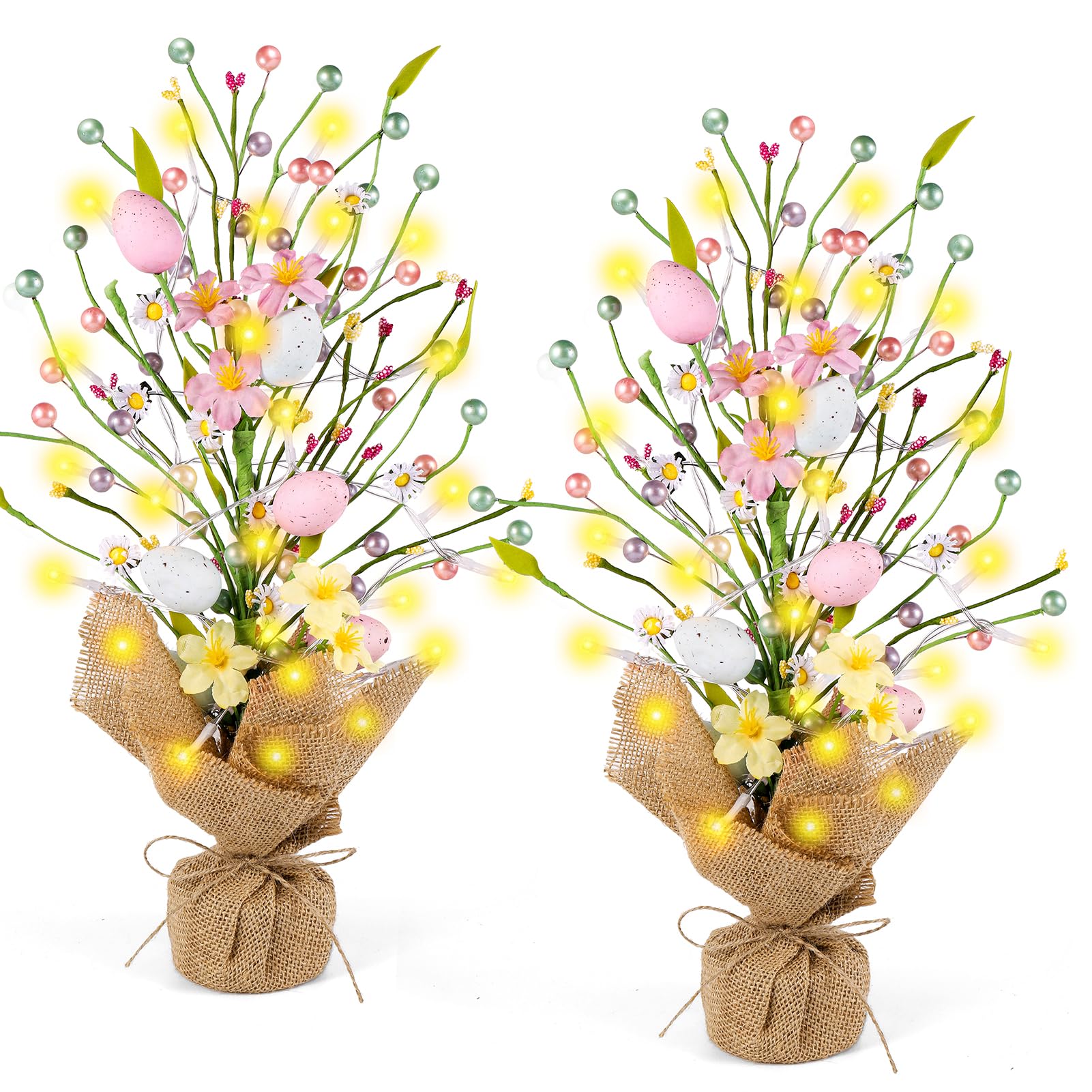 2 Pcs 16 Inch Pre Lit Easter Egg Tree Tabletop Decor with Green White Pink Easter Decorations Gifts and LED Light for Home Easter Party Wedding Holiday Spring Summer Kitchen Dining Table Decor