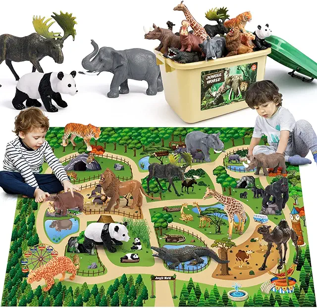 Figuritas Animales Safari: 12 Piezas Realistas con Alfombra Juego 145x98cm para Niños 3-6 Años
