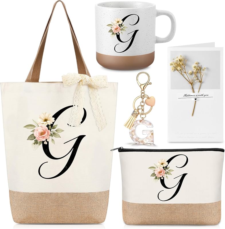 Kacctyen Conjunto de presente com inicial G, bolsa de juta e nécessaire de maquiagem, Pacote com 1