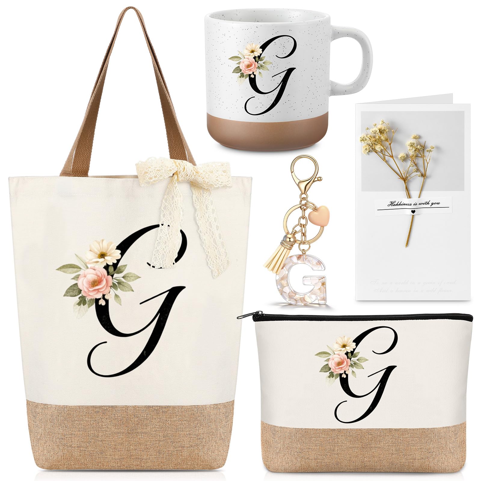Kacctyen Initial Letter Gifts for Women Initial Letter Jute Tote Bag Makeup Bag Mug Keychain Card Birthday Holiday Gifts(G)