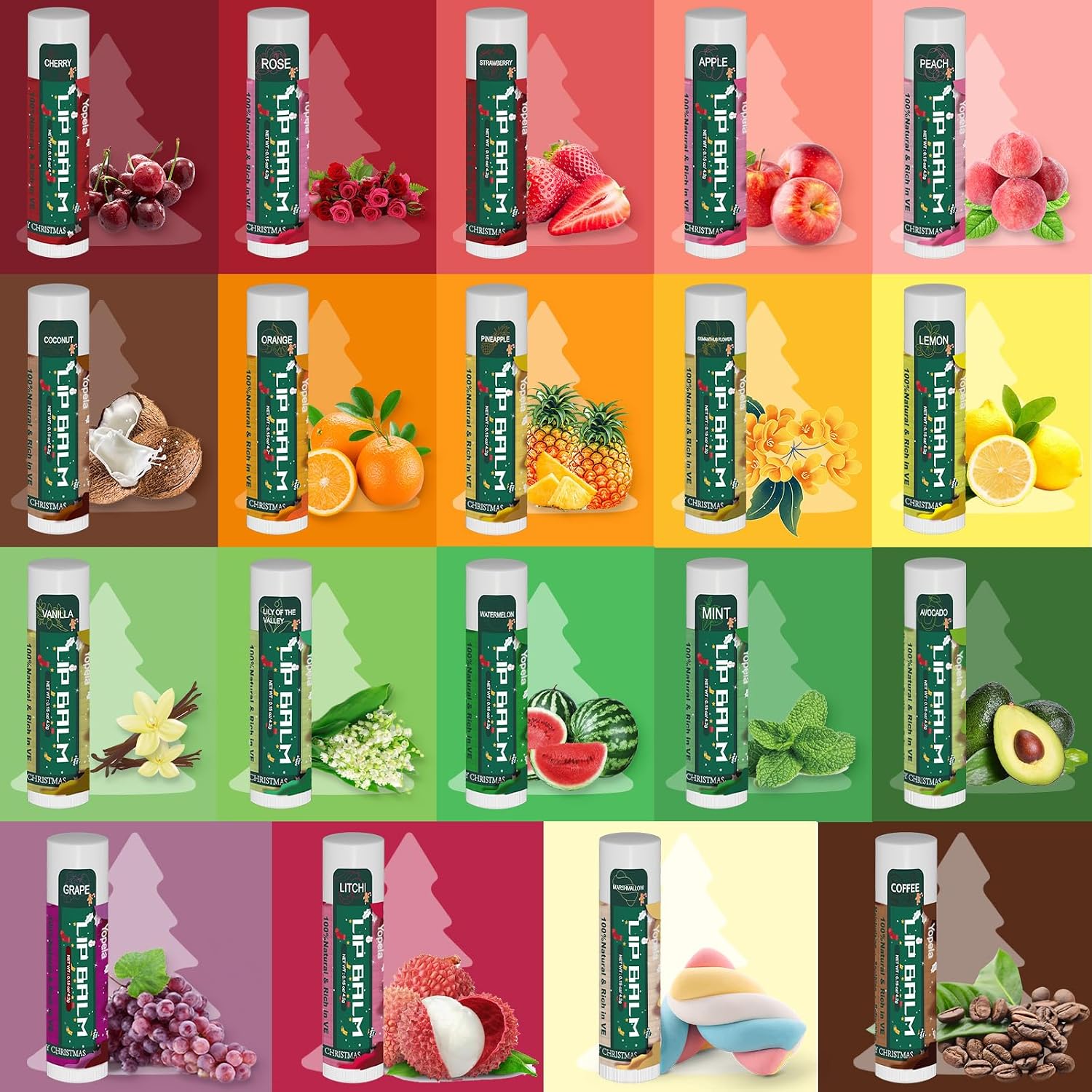 Yopela 19 Pack Christmas Natural Lip Balm Bulk with Vitamin E and Coconut Oil Lip Care Set - Moisturizing, Soothing, and Repairing Dry and Chapped Lips - 19 Flavors - Non-GMO image 2
