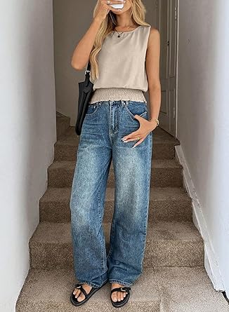 BLENCOT Summer Tank Tops for Women Sleeveless Casual Boho Cami Slim Fit Smocked Bottom Shirts
