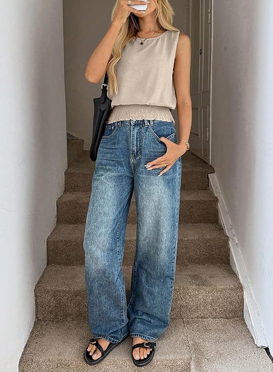 BLENCOT Summer Tank Tops for Women Sleeveless Casual Boho Cami Slim Fit Smocked Bottom Shirts
