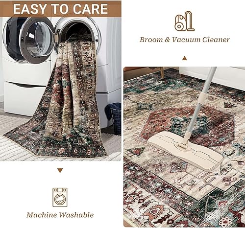 Miniatura 4 de LEEVAN Alfombras lavables antideslizantes de 4 x 6 pies, diseño de medallón oriental, para sala de estar, color marfilazul óxido, alfombra floral