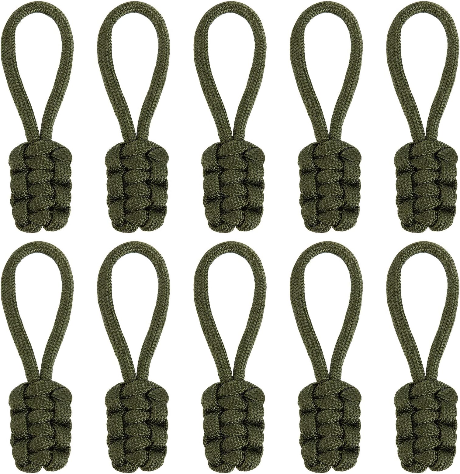 10PCS Zipper Pulls Replacement Universal Nylon Zipper Repair Kit Zipper Slider Pull Tab Zipper Fixer Metal Zipper Head Hand Woven Pull Rope Zipper Handle Cord Pull Tab, Dark Olive Green