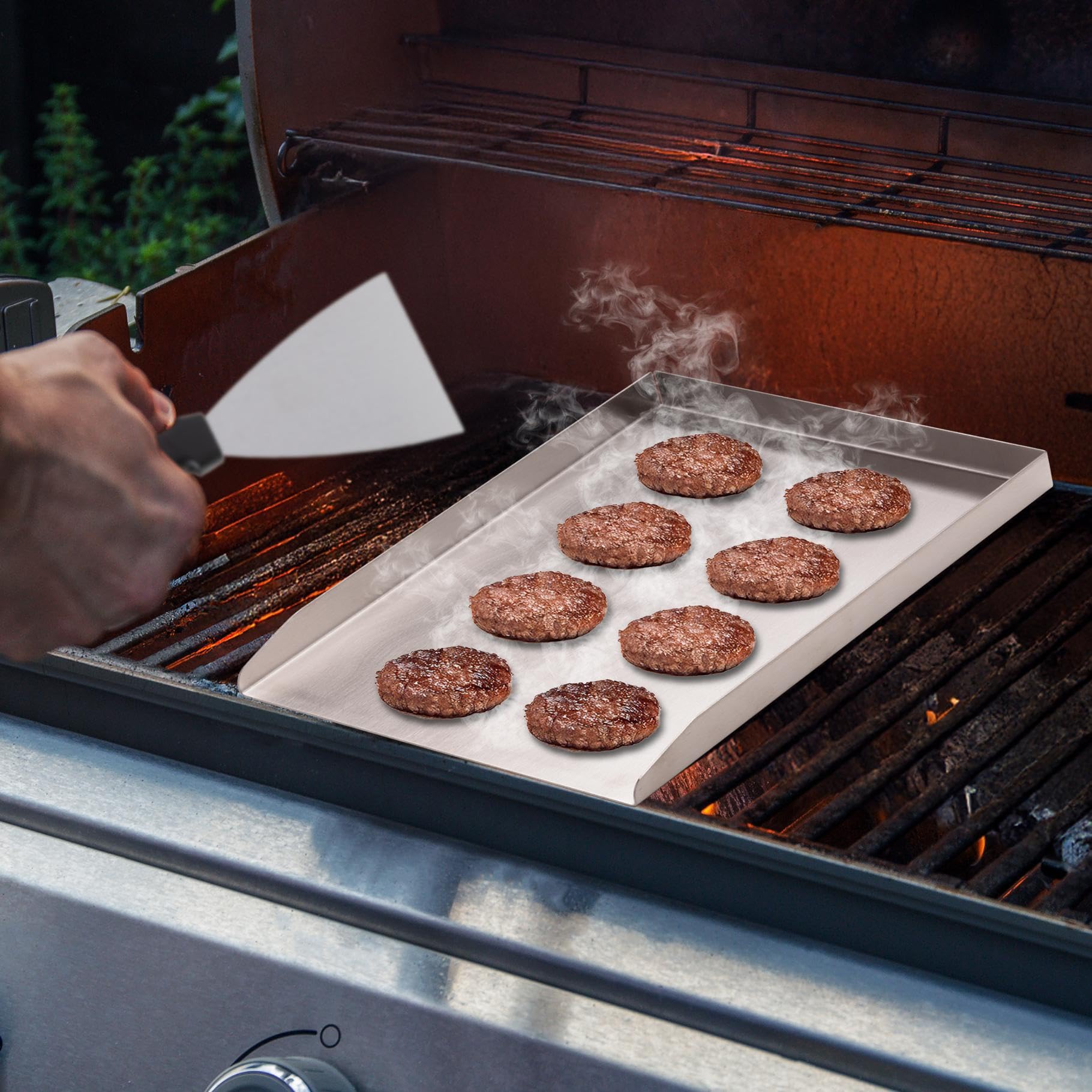 Plancha Grillplatte aus Edelstahl, 40x30x3cm, Grill Platte für Holzkohlegrill und Gasgrill, universelle Burger- und Gemüseplatte