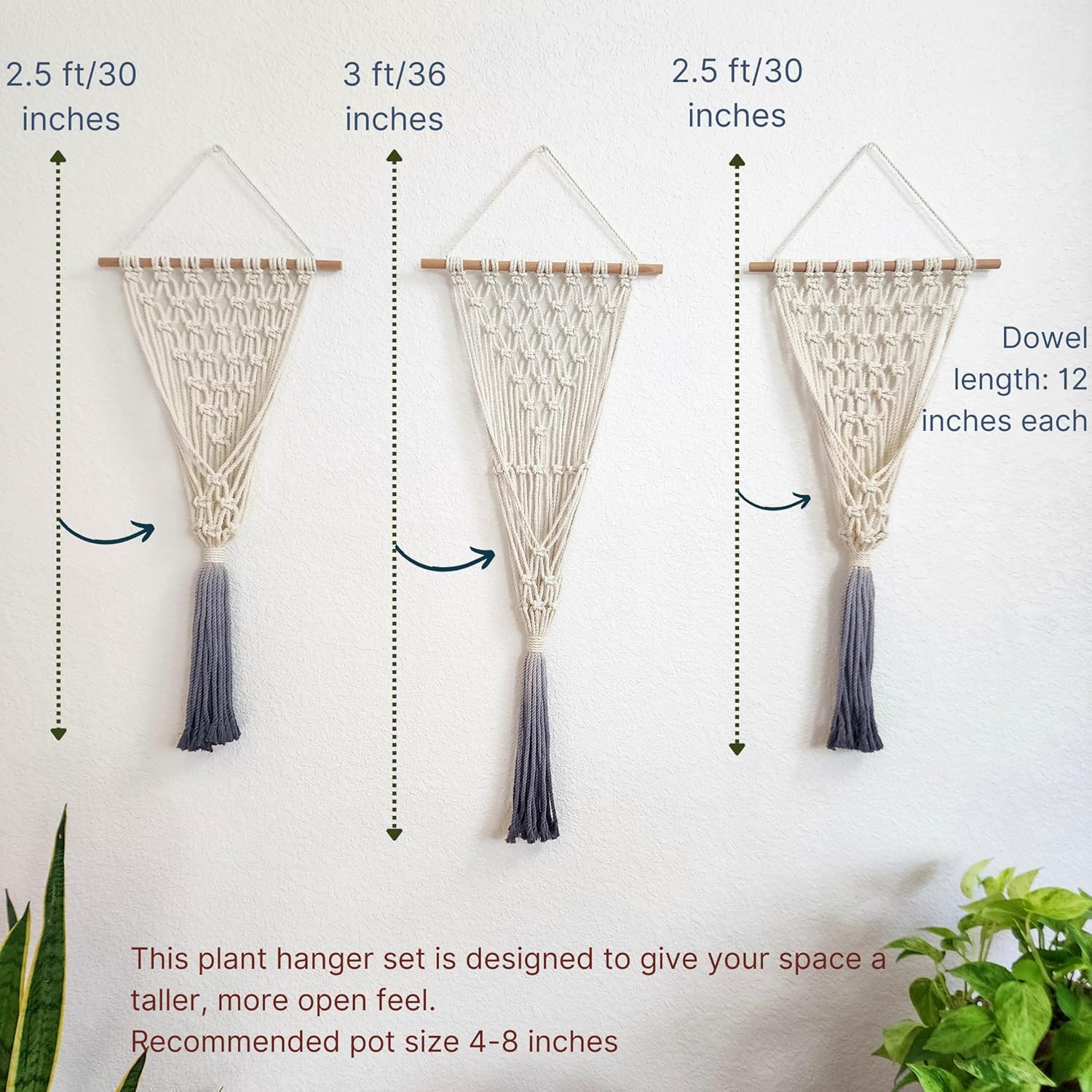 Set of 3 Ombre Dyed Macrame Wall Hanging plant stand Macrame plant hanger indoor and outdoor plant hanger Plant shelf indoor vertical garden planter plant shelf indoor Boho Decor (Ombre Gray)