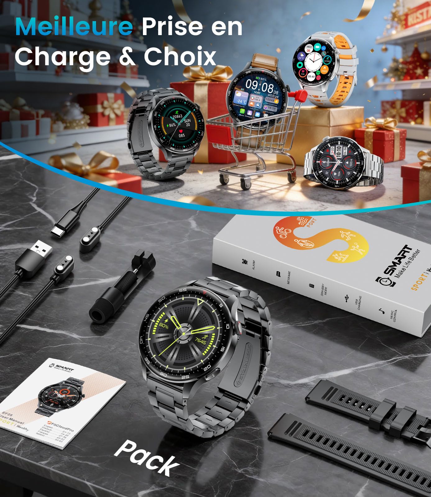 Montre Connectée Homme avec Appel Bluetooth 800mAh Batterie, 1.73" HD Écran Smartwatch avec 24/7 Fréquence Cardiaque, Sommeil, SpO2,110+ Modes Sportifs,IP68 Étanche Android iOS