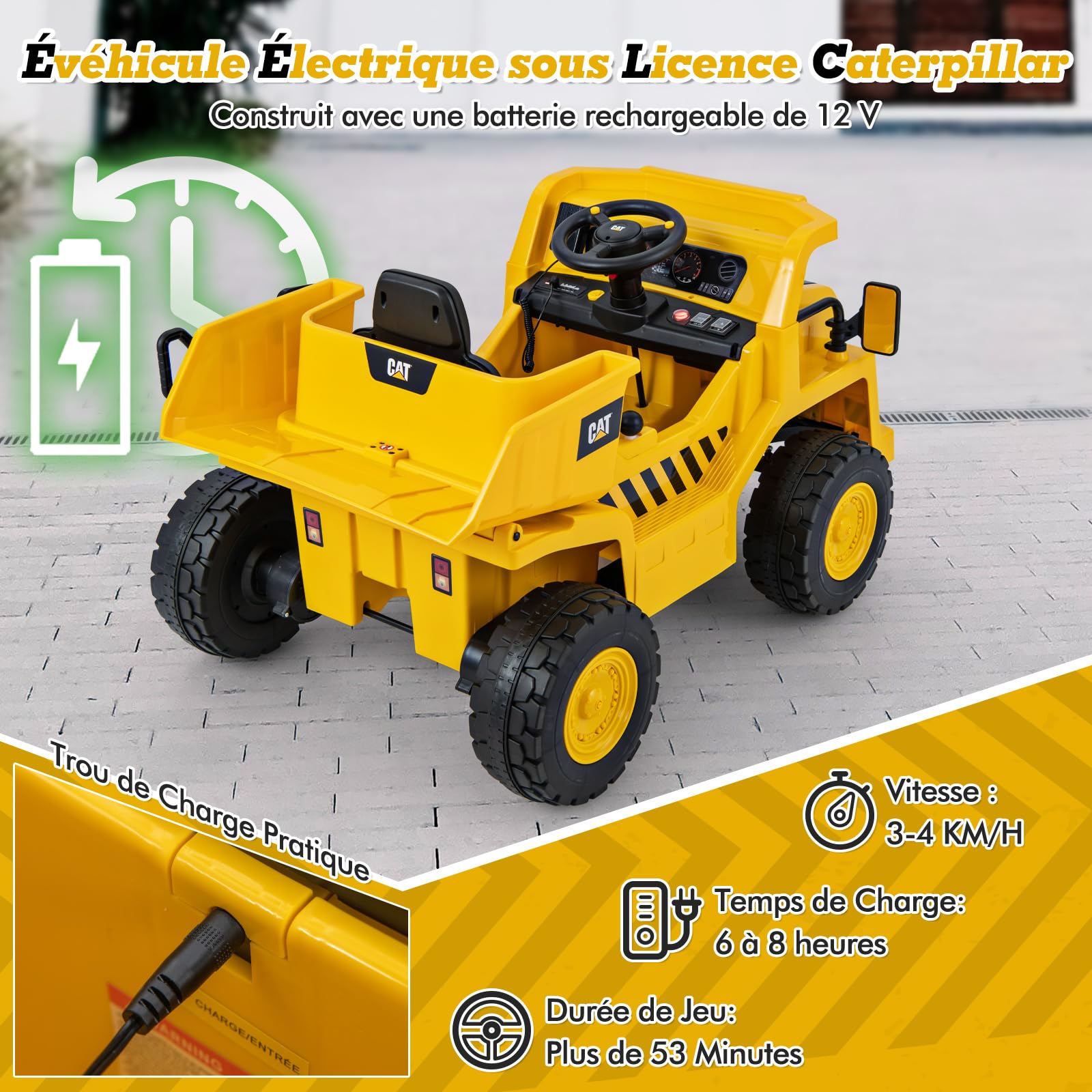 COSTWAY 12V Camion Électrique Caterpillar Enfant avec Pelle à Sable & Benne Basculante, Voiture Électrique avec Musique & Lumières, Télécommande & Pédale, 3-4KM/H, Charge 30kg pour 3-6 Ans