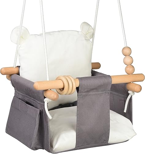 Miniatura 8 de Columpio para bebés al aire libre para bebés y niños pequeños, juego de columpios portátiles para bebés con asiento de cojín de algodón, hamaca para