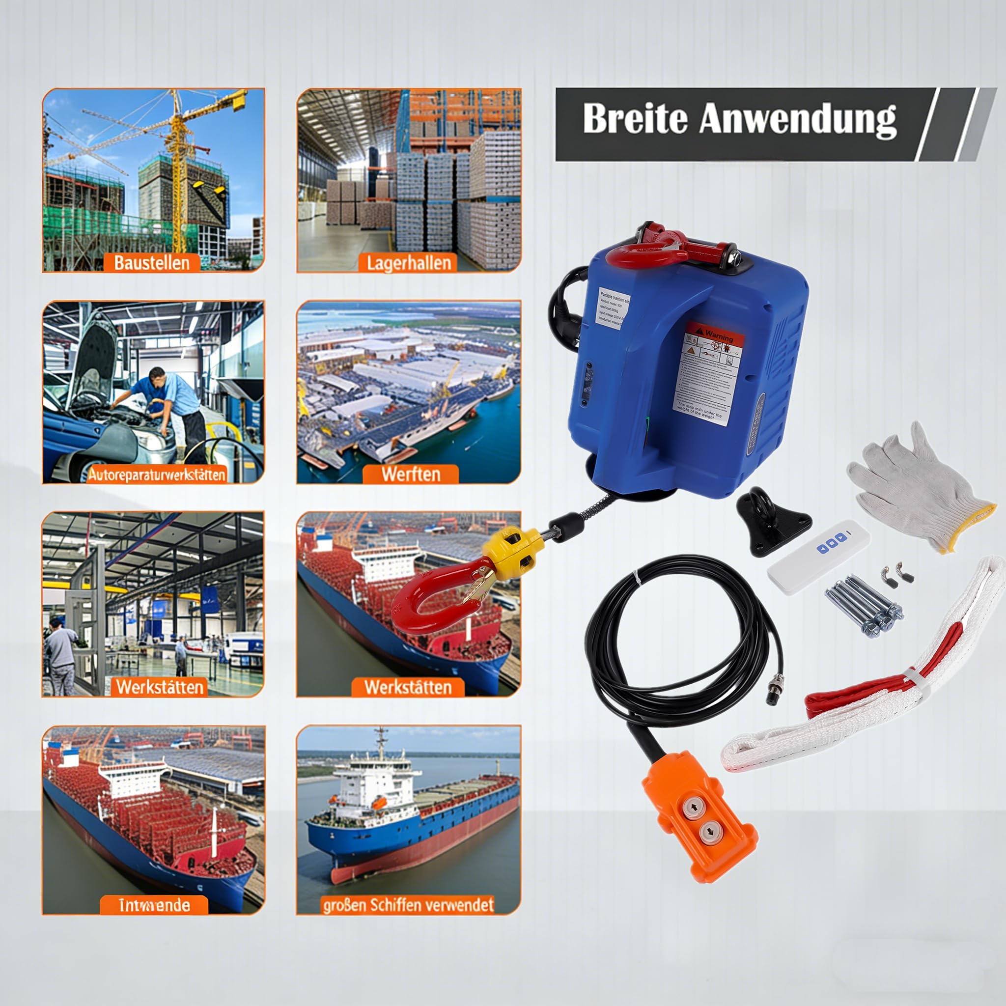 3 in 1 Paranco elettrico 500 kg 1500W Argano Elettrico Portatile con finecorsa a infrarossi migliorato per Garage Magazzini Costruzione Domestica, Blu