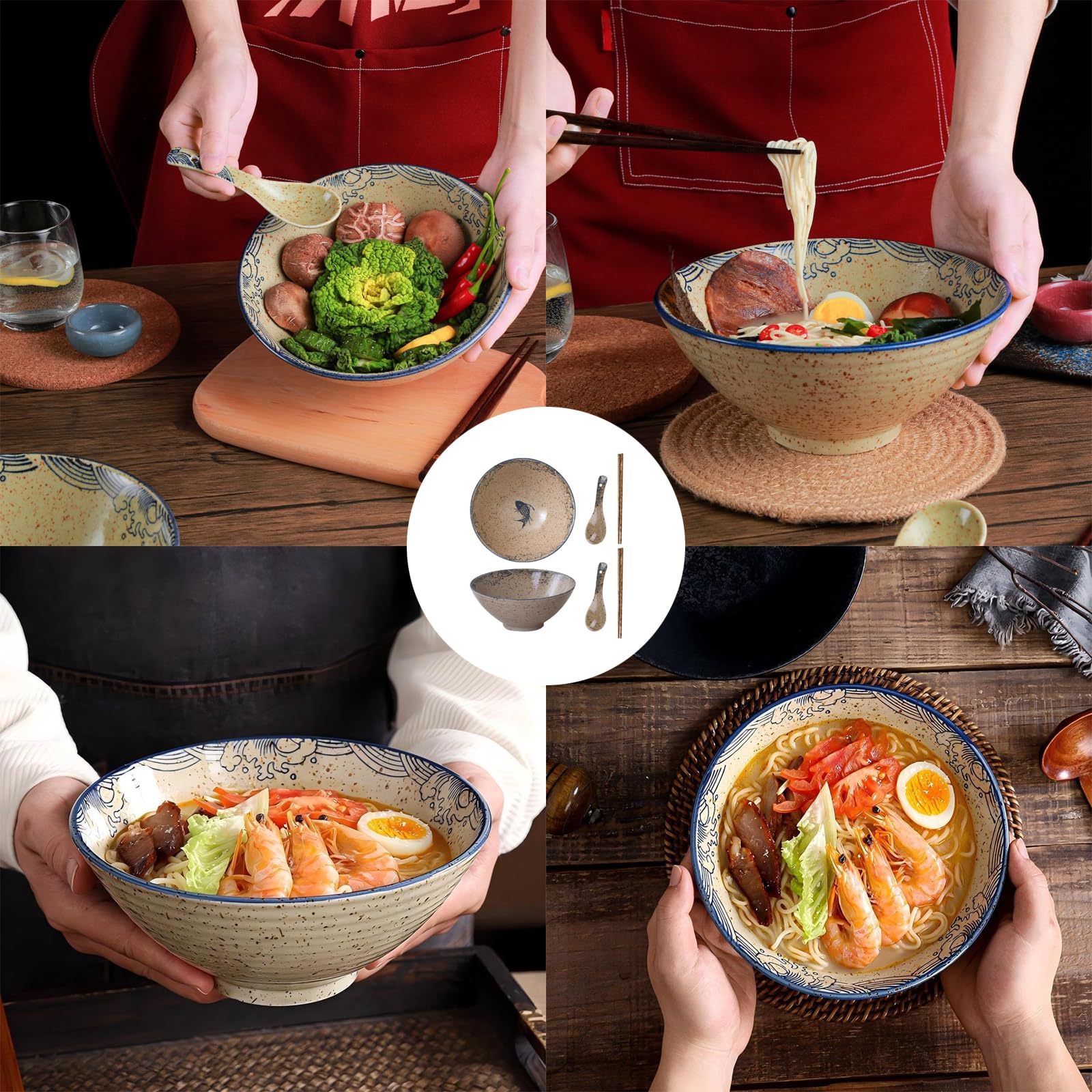 2 Set Ciotola per Ramen in Ceramica 1200 ml, Set di Ciotole per Ramen 1200 ml, Grande Ciotola Zuppa Noodles Giapponese, con Bacchette e Cucchiaio, per Zuppa di Ramen, Pasta, Macedonia, Riso